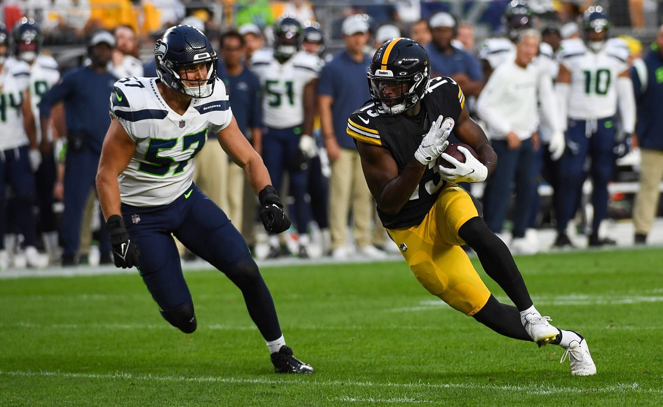 PITTSBURGH, PA - AUGUST 13: Miles Boykin #13 of the Pittsburgh Steelers in action during a preseason game against the Seattle Seahawks at Acrisure Stadium on August 13, 2022 in Pittsburgh, Pennsylvania. (Photo by Justin Berl/Getty Images) PITTSBURGH, PA - AUGUST 13: Miles Boykin #13 of the Pittsburgh Steelers in action during a preseason game against the Seattle Seahawks at Acrisure Stadium on August 13, 2022 in Pittsburgh, Pennsylvania. (Photo by Justin Berl/Getty Images)