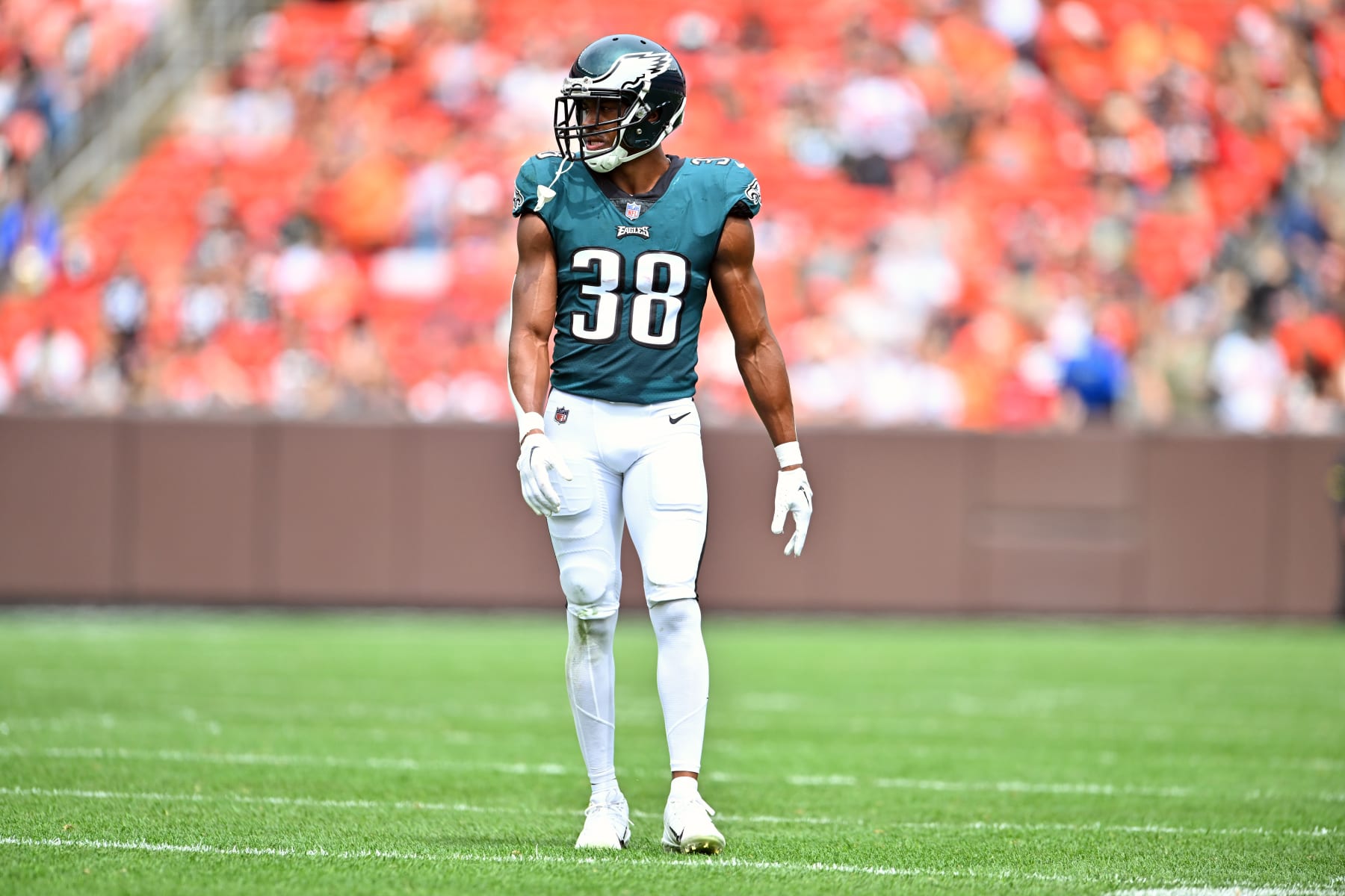 CLEVELAND, OHIO - AUGUST 21: Cornerback Josh Jobe #38 of the Philadelphia Eagles waits for a play during the second quarter of a preseason game against the Cleveland Browns at FirstEnergy Stadium on August 21, 2022 in Cleveland, Ohio. The Eagles defeated the Browns 21-20.  (Photo by Jason Miller/Getty Images)