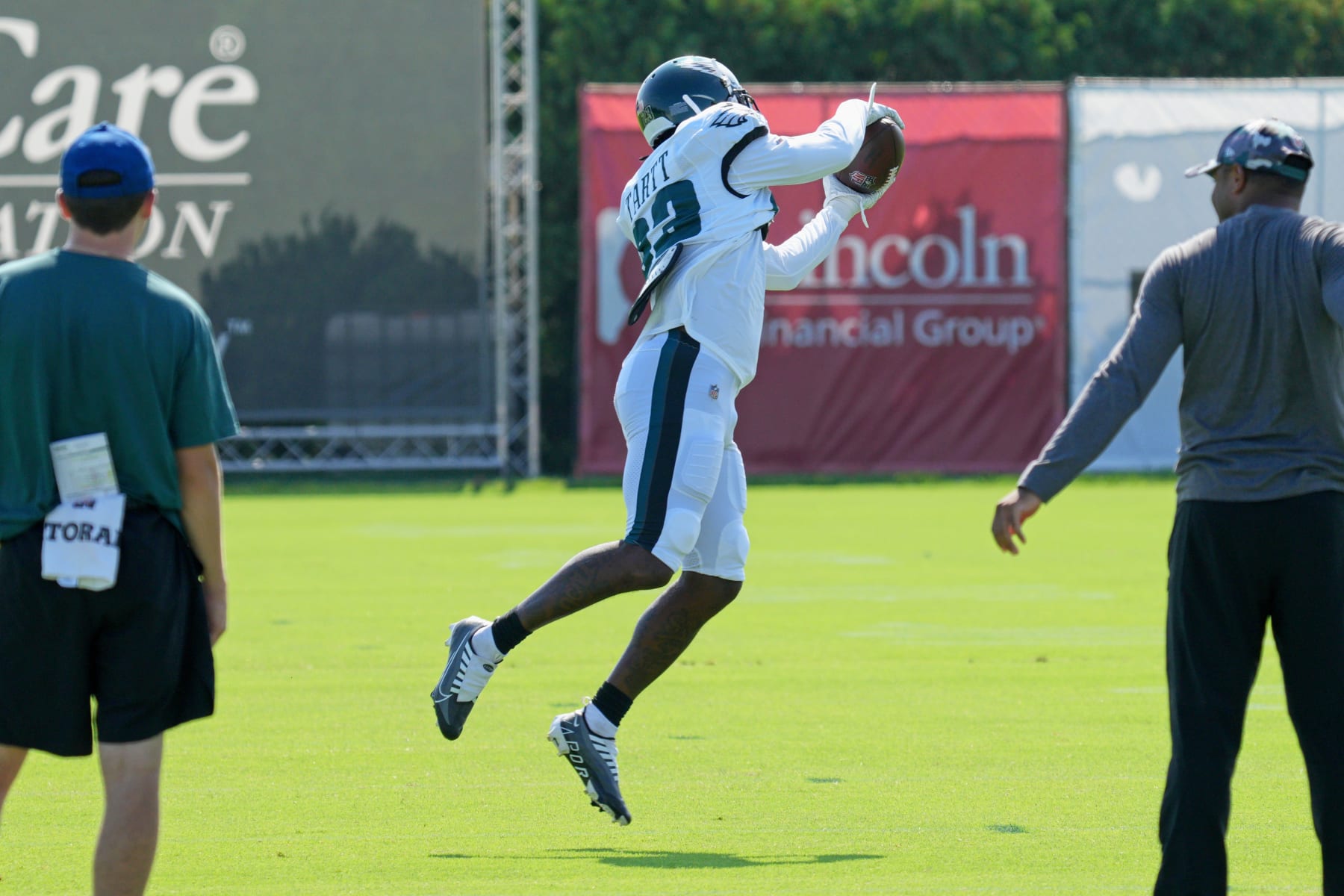 PHILADELPHIA, PA - AUGUST 02: Philadelphia Eagles safety Jaquiski Tartt (23) warms up during training camp on July 29, 2022 at the NovaCare Complex in Philadelphia PA.(Photo by Andy Lewis/Icon Sportswire via Getty Images)