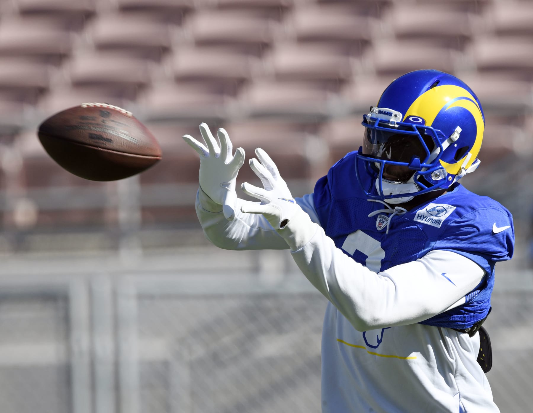 PASADENA, CA - FEBRUARY 10: Wide receiver Odell Beckham Jr. #3 of the Los Angeles Rams catches the football during practice in preparation for Super Bowl LVI at the Rose Bowl on February 10, 2022 in Pasadena, California.The Rams play against the Cincinnati Bengals on Sunday. (Photo by Kevork Djansezian/Getty Images) PASADENA, CA - FEBRUARY 10: Wide receiver Odell Beckham Jr. #3 of the Los Angeles Rams catches the football during practice in preparation for Super Bowl LVI at the Rose Bowl on February 10, 2022 in Pasadena, California.The Rams play against the Cincinnati Bengals on Sunday. (Photo by Kevork Djansezian/Getty Images)
