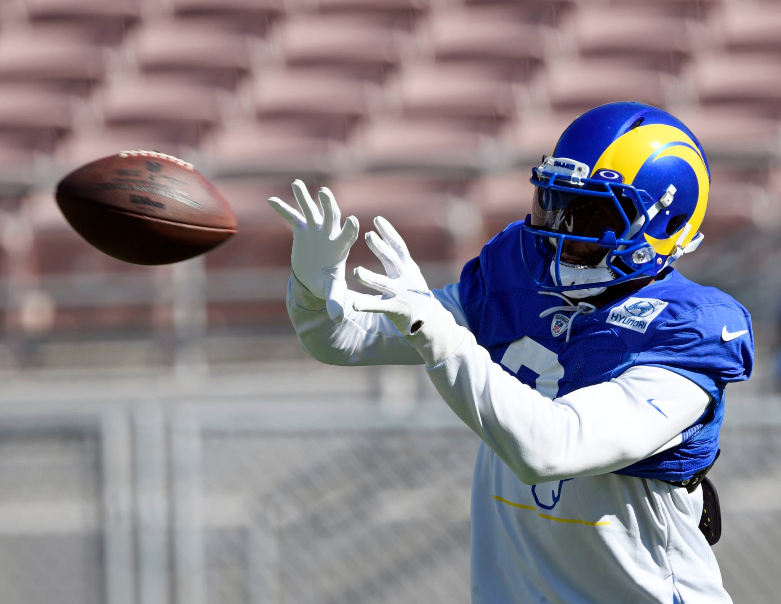 PASADENA, CA - FEBRUARY 10: Wide receiver Odell Beckham Jr. #3 of the Los Angeles Rams catches the football during practice in preparation for Super Bowl LVI at the Rose Bowl on February 10, 2022 in Pasadena, California.The Rams play against the Cincinnati Bengals on Sunday. (Photo by Kevork Djansezian/Getty Images) PASADENA, CA - FEBRUARY 10: Wide receiver Odell Beckham Jr. #3 of the Los Angeles Rams catches the football during practice in preparation for Super Bowl LVI at the Rose Bowl on February 10, 2022 in Pasadena, California.The Rams play against the Cincinnati Bengals on Sunday. (Photo by Kevork Djansezian/Getty Images)