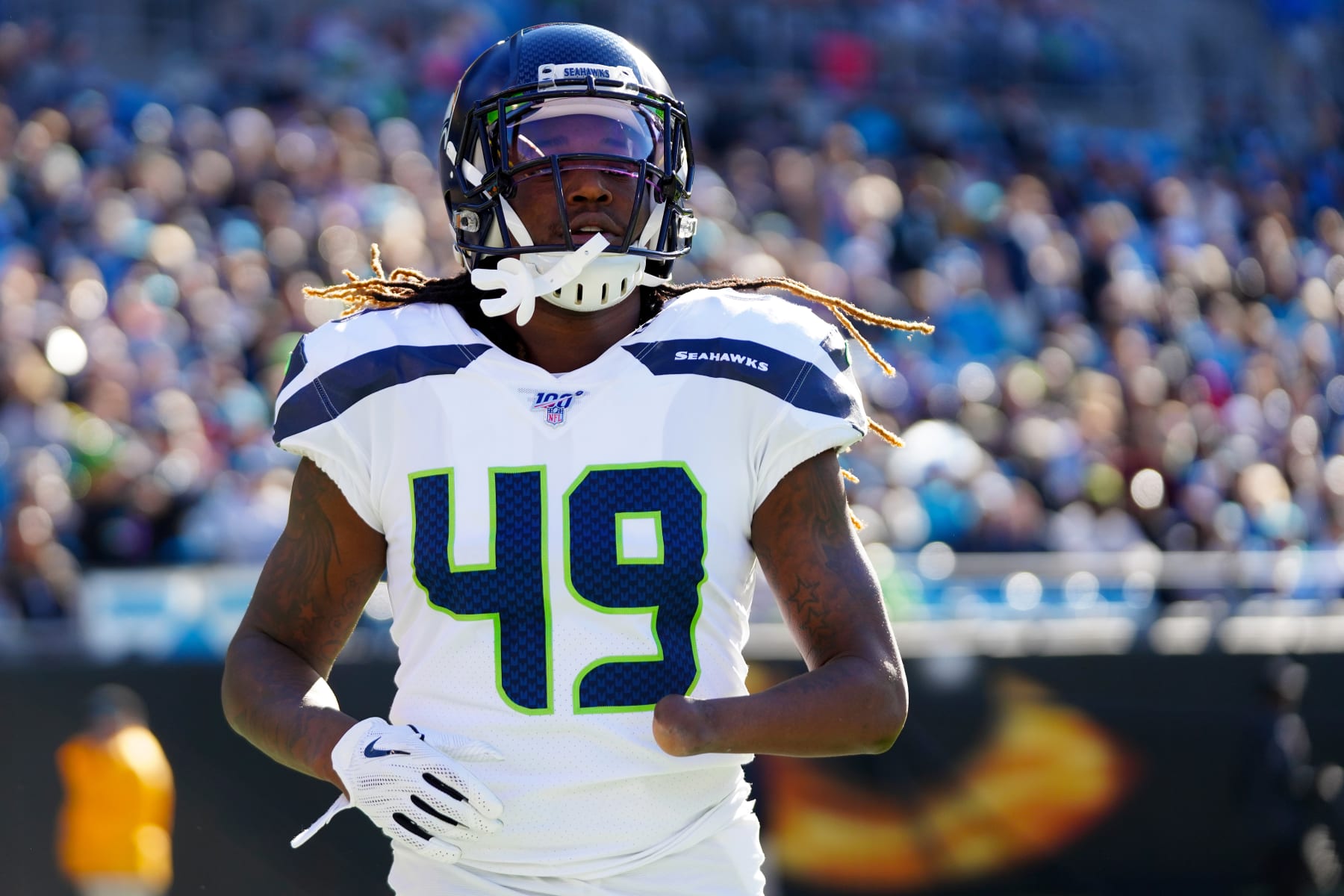 CHARLOTTE, NORTH CAROLINA - DECEMBER 15: Shaquem Griffin #49 of the Seattle Seahawks during the first half during their game against the Carolina Panthers at Bank of America Stadium on December 15, 2019 in Charlotte, North Carolina. (Photo by Jacob Kupferman/Getty Images)