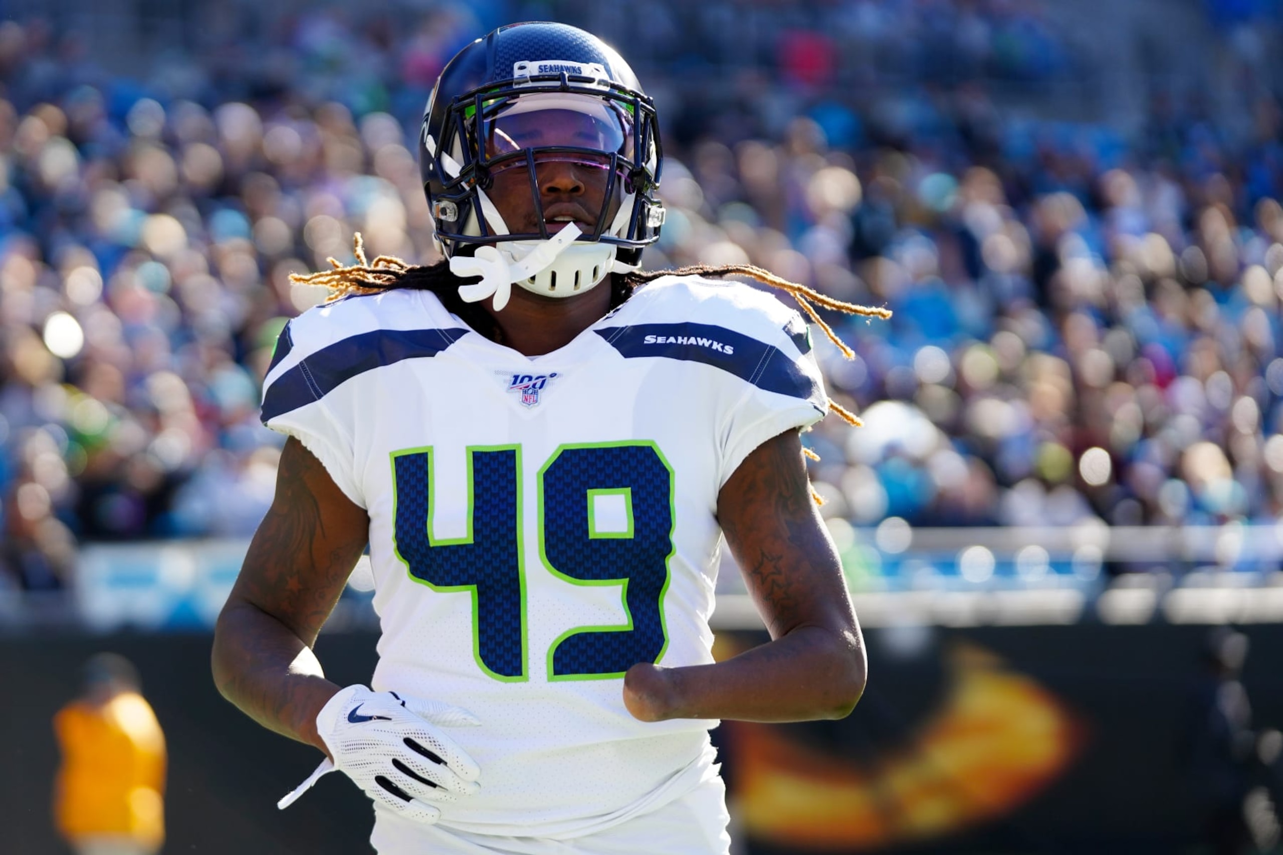 CHARLOTTE, NORTH CAROLINA - DECEMBER 15: Shaquem Griffin #49 of the Seattle Seahawks during the first half during their game against the Carolina Panthers at Bank of America Stadium on December 15, 2019 in Charlotte, North Carolina. (Photo by Jacob Kupferman/Getty Images) CHARLOTTE, NORTH CAROLINA - DECEMBER 15: Shaquem Griffin #49 of the Seattle Seahawks during the first half during their game against the Carolina Panthers at Bank of America Stadium on December 15, 2019 in Charlotte, North Carolina. (Photo by Jacob Kupferman/Getty Images)