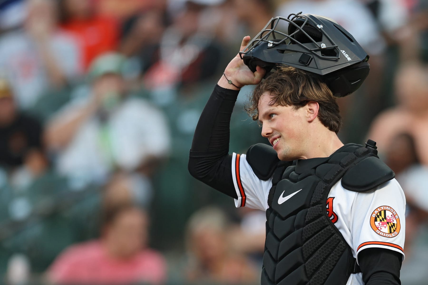 BALTIMORE, MARYLAND - AUGUST 23: Adley Rutschman #35 of the Baltimore Orioles looks on against the Chicago White Sox during the first inning at Oriole Park at Camden Yards on August 23, 2022 in Baltimore, Maryland. (Photo by Patrick Smith/Getty Images)