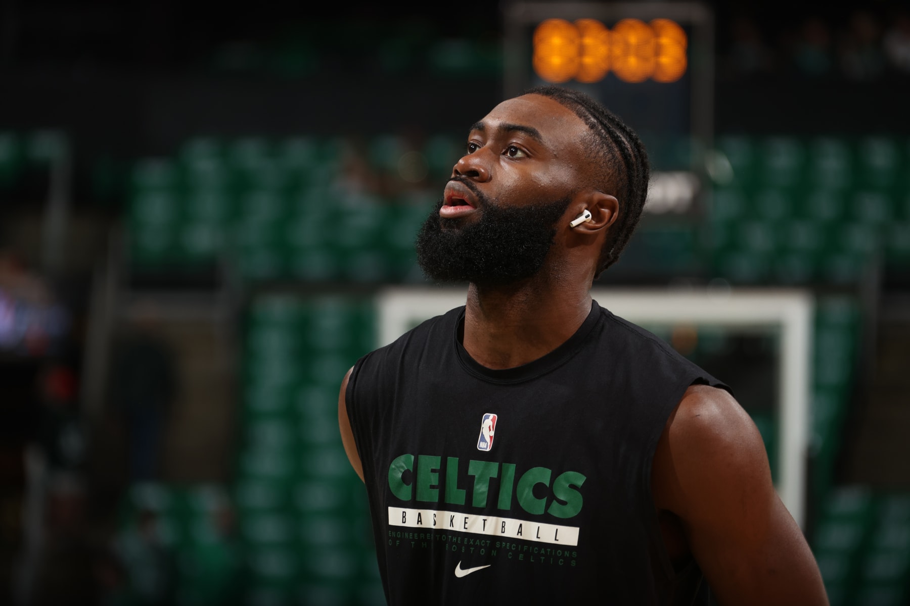 BOSTON, MA - JUNE 16: Jaylen Brown #7 of the Boston Celtics looks on before the game against the Golden State Warriors during Game Six of the 2022 NBA Finals on June 16, 2022 at TD Garden in Boston, Massachusetts. NOTE TO USER: User expressly acknowledges and agrees that, by downloading and or using this photograph, user is consenting to the terms and conditions of Getty Images License Agreement. Mandatory Copyright Notice: Copyright 2022 NBAE (Photo by Nathaniel S. Butler/NBAE via Getty Images) BOSTON, MA - JUNE 16: Jaylen Brown #7 of the Boston Celtics looks on before the game against the Golden State Warriors during Game Six of the 2022 NBA Finals on June 16, 2022 at TD Garden in Boston, Massachusetts. NOTE TO USER: User expressly acknowledges and agrees that, by downloading and or using this photograph, user is consenting to the terms and conditions of Getty Images License Agreement. Mandatory Copyright Notice: Copyright 2022 NBAE (Photo by Nathaniel S. Butler/NBAE via Getty Images)
