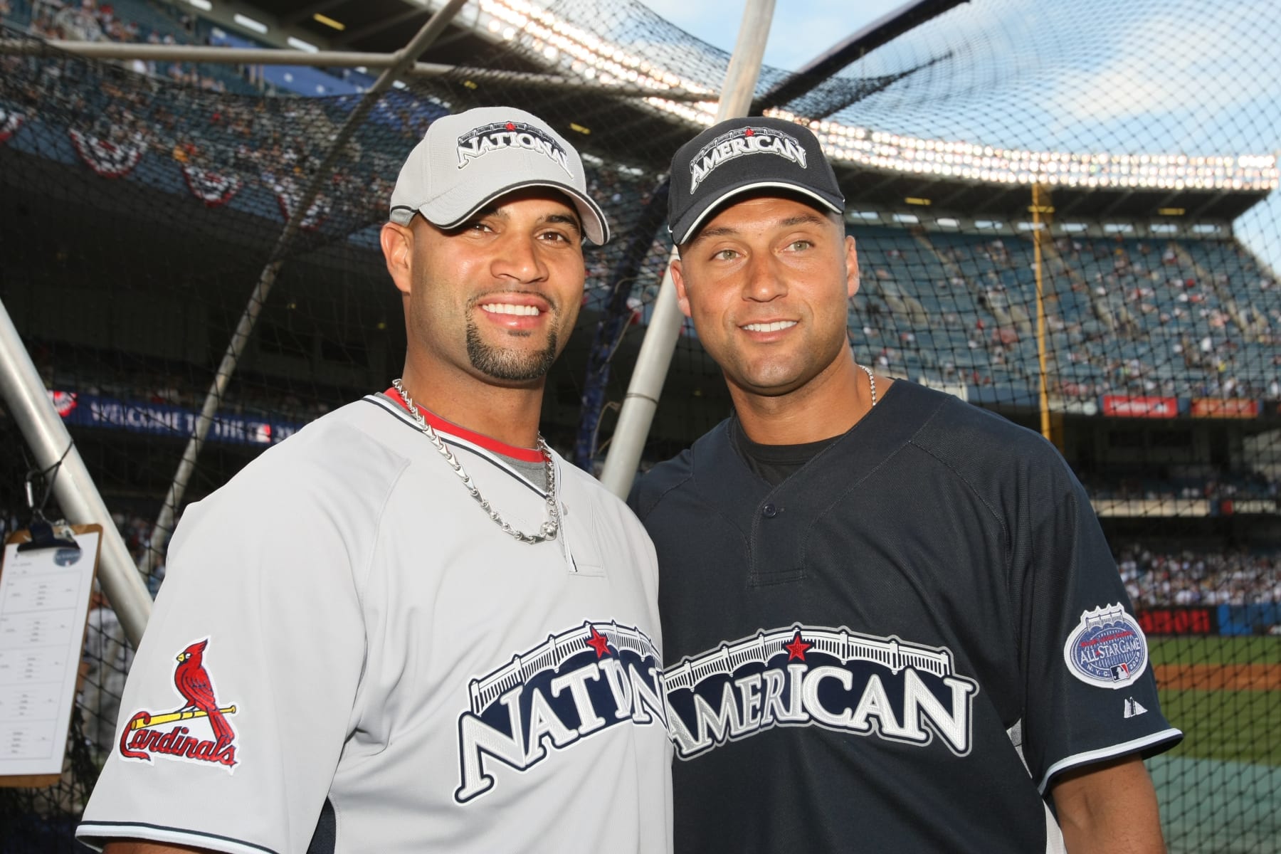 BRONX, NY - JULY 14:  Albert Pujols #5 of the St. Louis Cardinals poses with Derek Jeter #2 of the New York Yankees before the State Farm Home Run Derby at the Yankee Stadium in the Bronx, New York on July 14, 2008.  (Photo by Rich Pilling/MLB via Getty Images) 