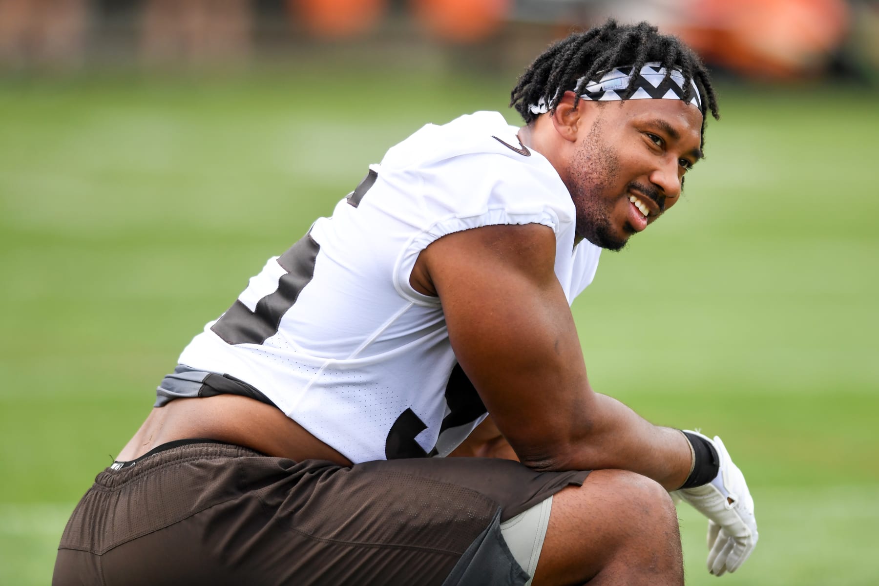 BEREA, OH - JUNE 01: Myles Garrett #95 of the Cleveland Browns looks on during the Cleveland Browns offseason workout at CrossCountry Mortgage Campus on June 1, 2022 in Berea, Ohio. (Photo by Nick Cammett/Diamond Images via Getty Images)
