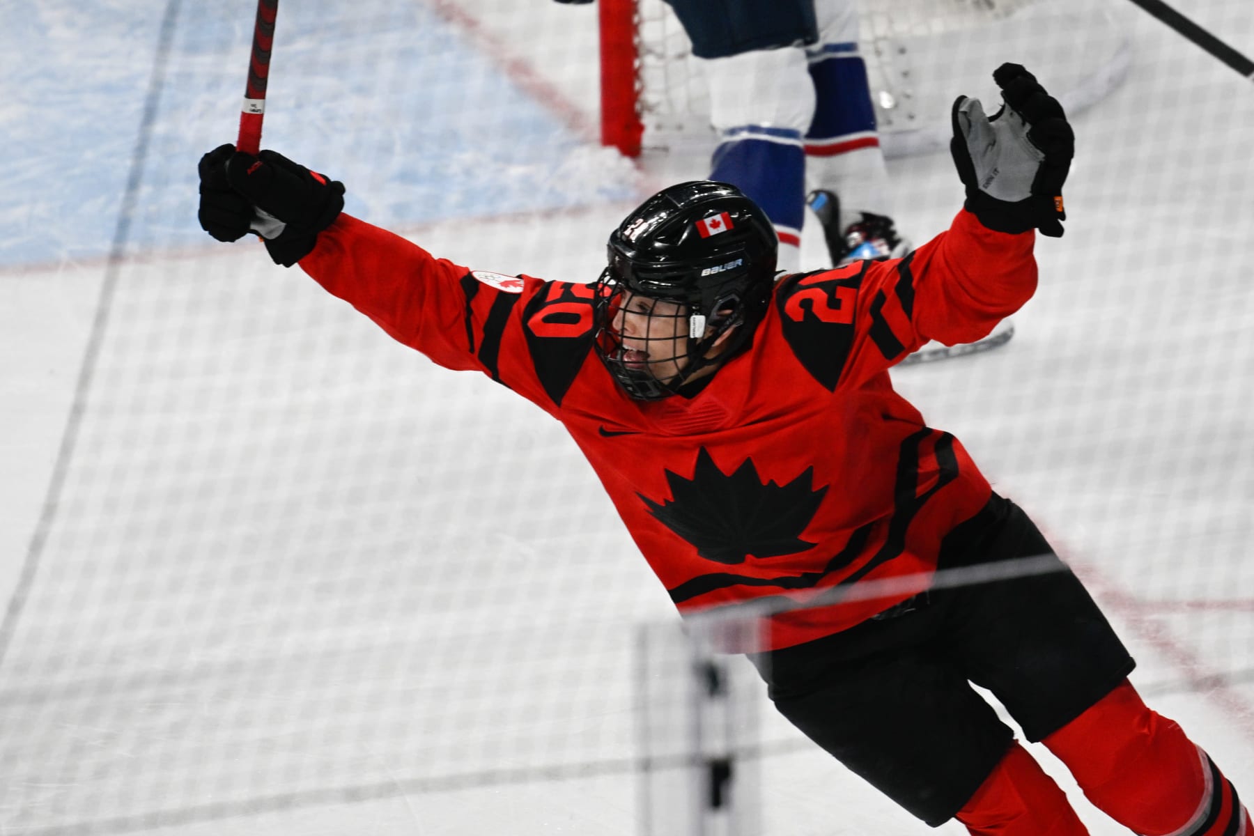 BEIJING, CHINA - FEBRUARY 17: Sarah Nurse of Canada celebrates after scoring his team's first goal at the women's ice hockey gold medal match between Canada and USA during the Beijing 2022 Winter Olympics at National Indoor Stadium on February 17, 2022 in Beijing, China. (Photo by Mario Hommes/DeFodi Images via Getty Images)
