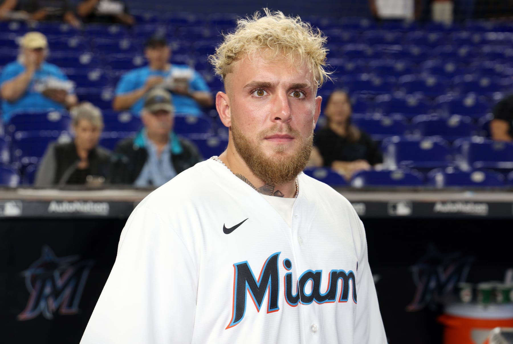 MIAMI, FL - AUGUST 16:  Jake Paul attends the Miami Marlins vs San Diego Padres baseball game to throw out the ceremonial first pitch at LoanDepot Park on August 16, 2022 in Miami, Florida.  (Photo by Alexander Tamargo/Getty Images)