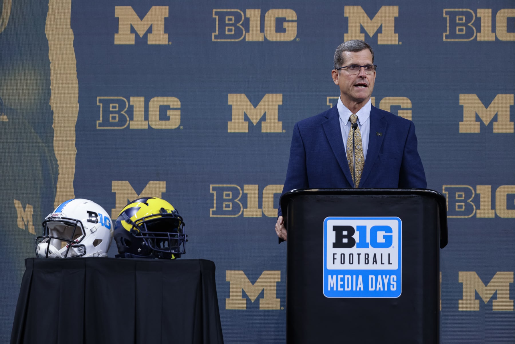 INDIANAPOLIS, IN - JULY 26: Head coach Jim Harbaugh of the Michigan Wolverines speaks during the 2022 Big Ten Conference Football Media Days at Lucas Oil Stadium on July 26, 2022 in Indianapolis, Indiana. (Photo by Michael Hickey/Getty Images)