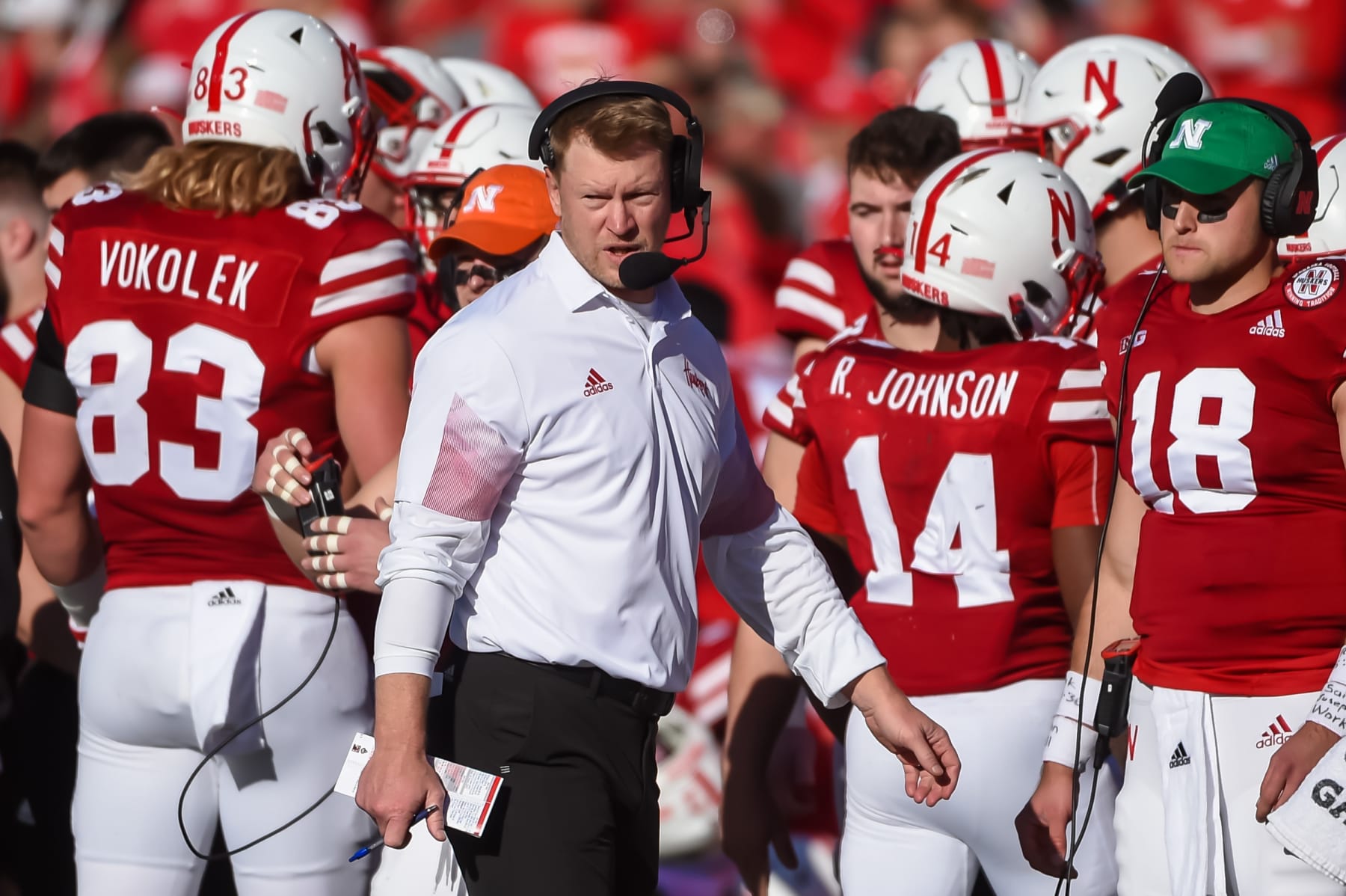 LINCOLN, NE - OCTOBER 30: Head coach Scott Frost of the Nebraska Cornhuskers walks the sidelines against the Purdue Boilermakers in the first half at Memorial Stadium on October 30, 2021 in Lincoln, Nebraska. (Photo by Steven Branscombe/Getty Images)