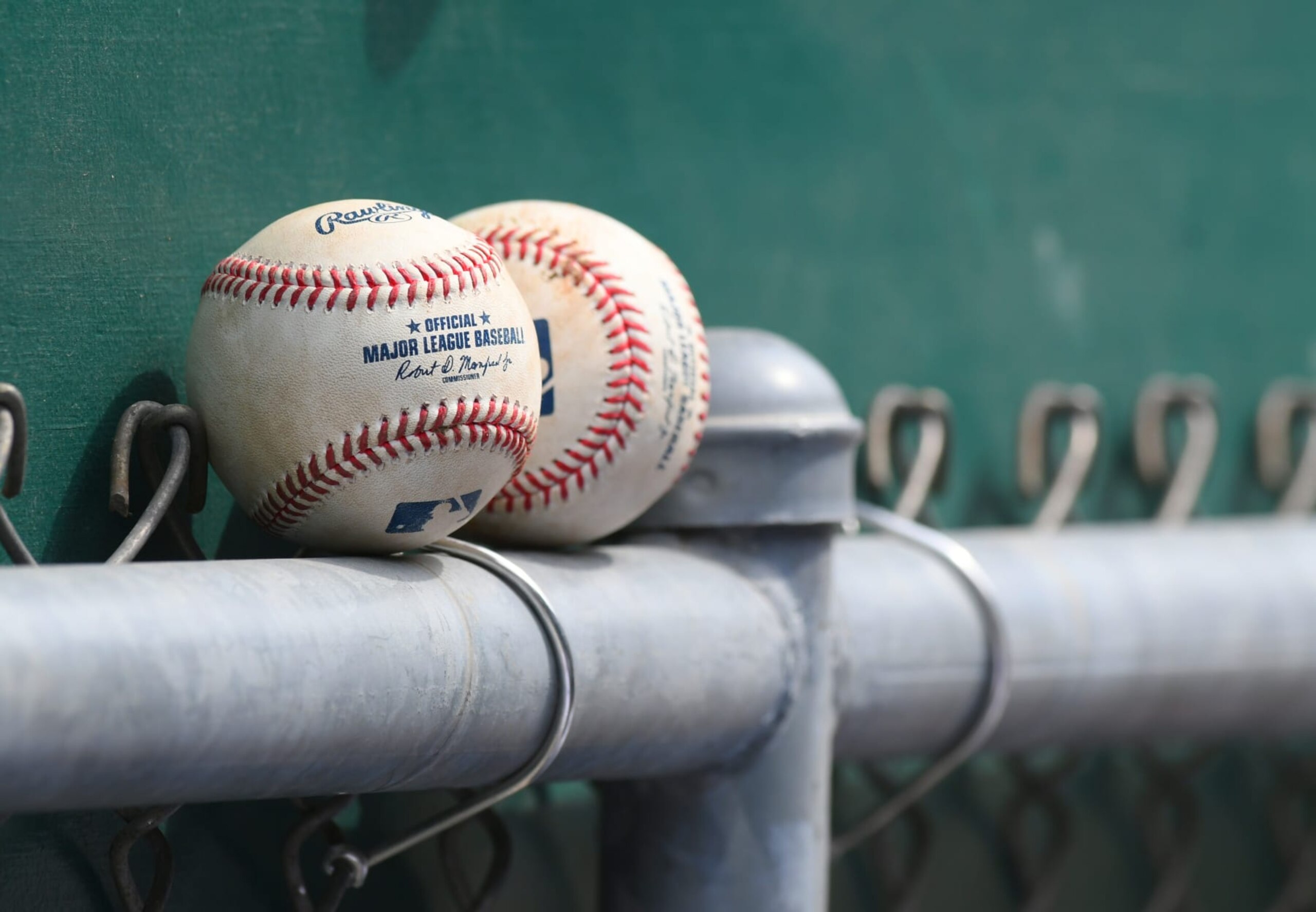 DETROIT, MI - JULY 27:  A detailed view of a pair of game-used Rawlings official Major League baseballs sitting in the dugout during the game between the San Diego Padres and the Detroit Tigers at Comerica Park on July 27, 2022 in Detroit, Michigan. The Tigers defeated the Padres 4-3.  (Photo by Mark Cunningham/MLB Photos via Getty Images)
