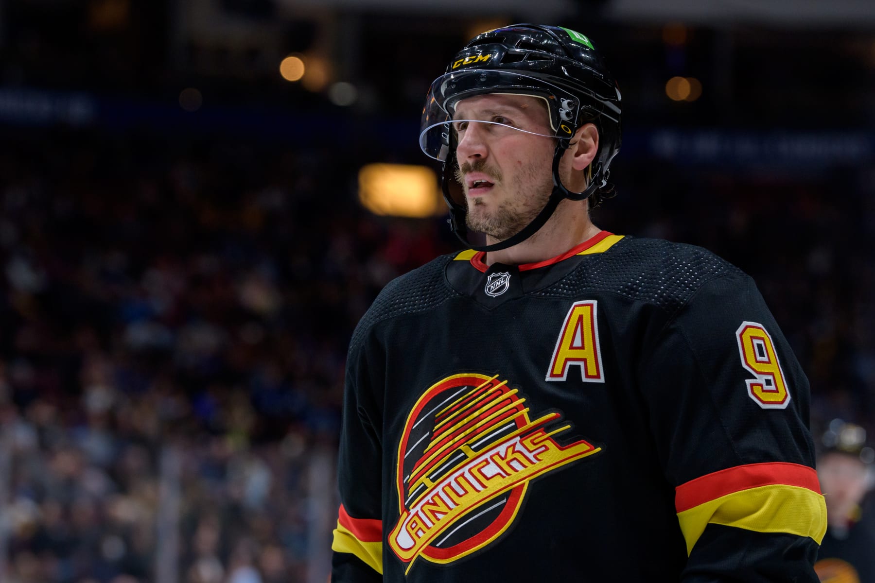 VANCOUVER, BC - APRIL 26: Vancouver Canucks center J.T. Miller (9) waits for a face-off during their NHL game against the Seattle Kraken at Rogers Arena on April 26, 2022 in Vancouver, British Columbia, Canada. (Photo by Derek Cain/Icon Sportswire via Getty Images)
