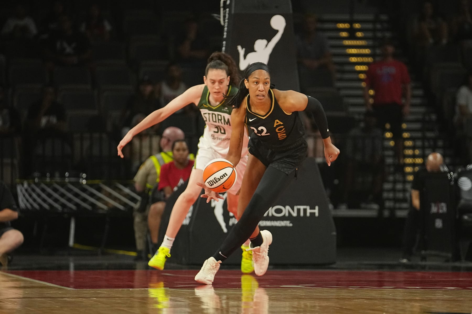 WNBA Basketball: Las Vegas Aces A'ja Wilson (22) in action, dribbles vs Seattle Storm Breanna Stewart (30) at Michelob ULTRA Arena. 
Las Vegas, NV 8/14/2022 
CREDIT: Erick W. Rasco (Photo by Erick W. Rasco/Sports Illustrated via Getty Images) 
(Set Number: X164119 TK1)