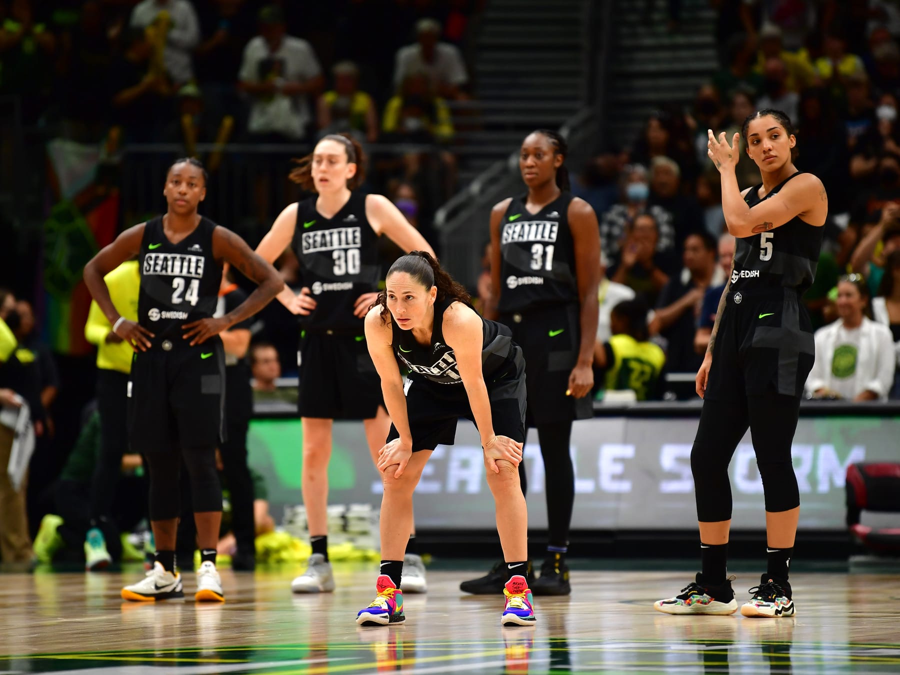 SEATTLE, WA - AUGUST 21: Sue Bird #10 of the Seattle Storm during the game against the Washington Mystics during Round 1 Game 2 of the 2022 WNBA Playoffs on August 21, 2022 at the Climate Pledge Arena in Seattle, Washington. NOTE TO USER: User expressly acknowledges and agrees that, by downloading and or using this photograph, User is consenting to the terms and conditions of the Getty Images License Agreement. Mandatory Copyright Notice: Copyright 2022 NBAE (Photo by Jane Gershovich/NBAE via Getty Images)