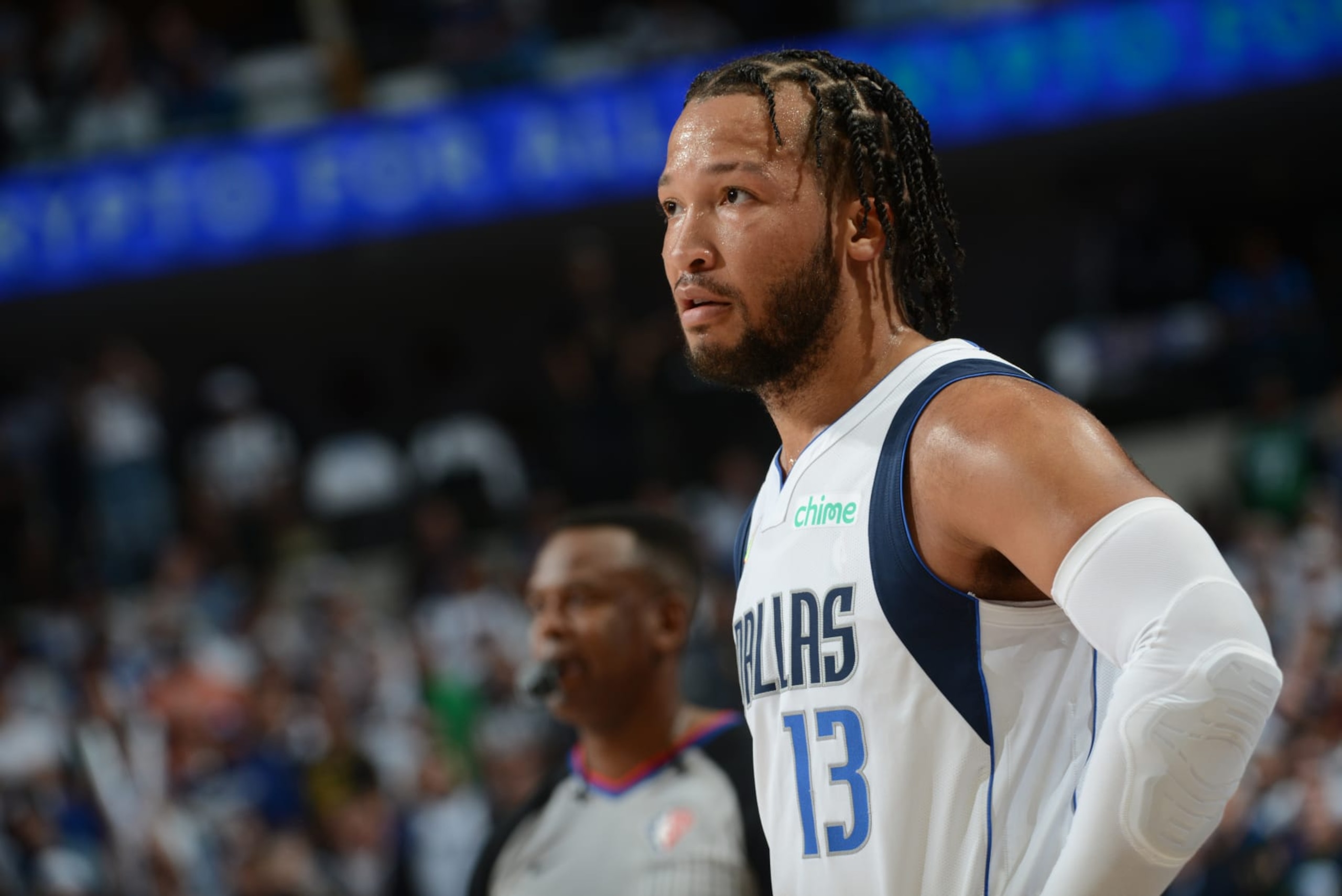 DALLAS, TX - MAY 24: Jalen Brunson #13 of the Dallas Mavericks looks on during Game 4 of the 2022 NBA Playoffs Western Conference Finals on May 24, 2022 at the American Airlines Center in Dallas, Texas. NOTE TO USER: User expressly acknowledges and agrees that, by downloading and or using this photograph, User is consenting to the terms and conditions of the Getty Images License Agreement. Mandatory Copyright Notice: Copyright 2022 NBAE (Photo by Noah Graham/NBAE via Getty Images) DALLAS, TX - MAY 24: Jalen Brunson #13 of the Dallas Mavericks looks on during Game 4 of the 2022 NBA Playoffs Western Conference Finals on May 24, 2022 at the American Airlines Center in Dallas, Texas. NOTE TO USER: User expressly acknowledges and agrees that, by downloading and or using this photograph, User is consenting to the terms and conditions of the Getty Images License Agreement. Mandatory Copyright Notice: Copyright 2022 NBAE (Photo by Noah Graham/NBAE via Getty Images)