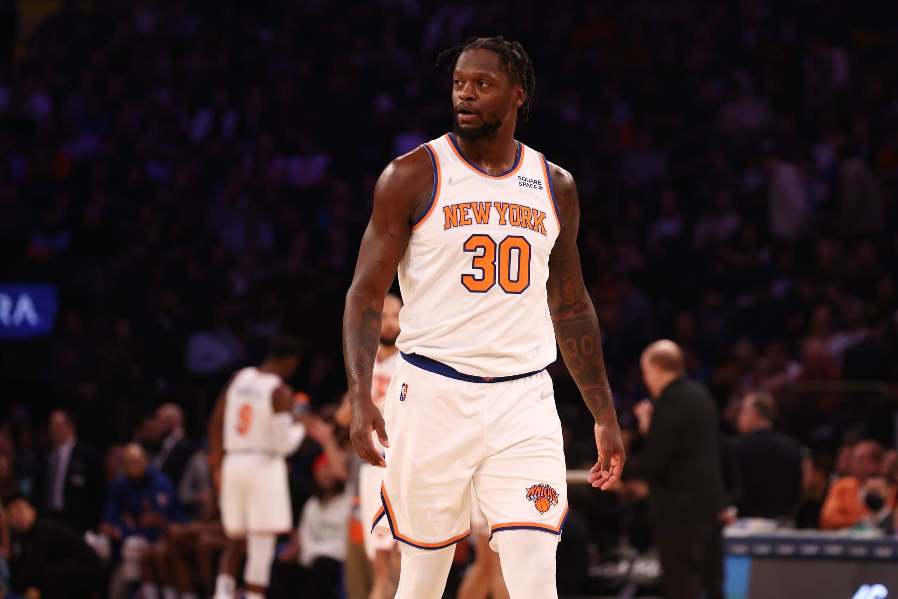 NEW YORK, NEW YORK - MARCH 30: Julius Randle #30 of the New York Knicks in action against the Charlotte Hornets at Madison Square Garden on March 30, 2022 in New York City. NOTE TO USER: User expressly acknowledges and agrees that, by downloading and or using this photograph, User is consenting to the terms and conditions of the Getty Images License Agreement. Charlotte Hornets defeated the New York Knicks 125-114. (Photo by Mike Stobe/Getty Images)