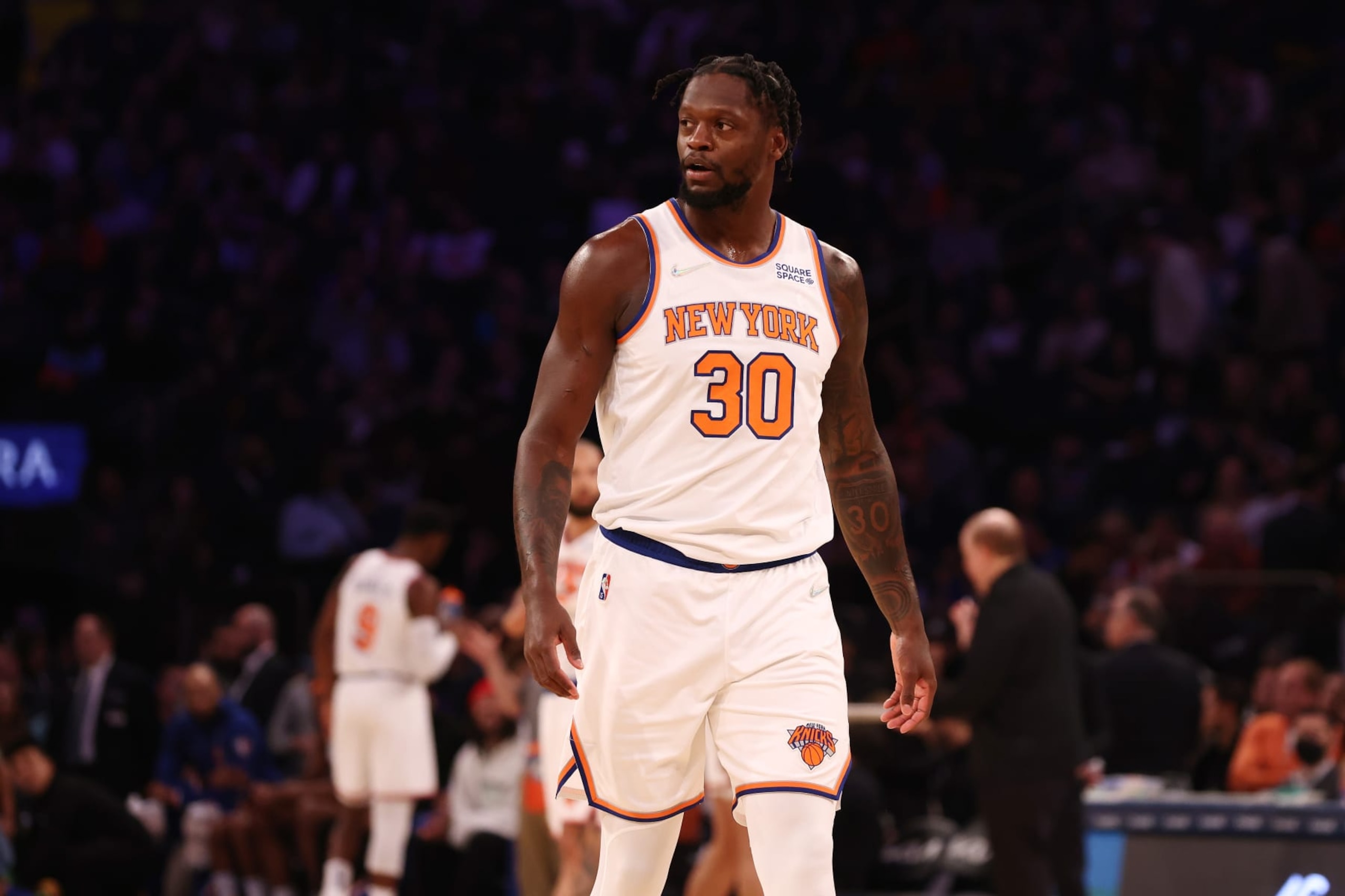NEW YORK, NEW YORK - MARCH 30: Julius Randle #30 of the New York Knicks in action against the Charlotte Hornets at Madison Square Garden on March 30, 2022 in New York City. NOTE TO USER: User expressly acknowledges and agrees that, by downloading and or using this photograph, User is consenting to the terms and conditions of the Getty Images License Agreement. Charlotte Hornets defeated the New York Knicks 125-114. (Photo by Mike Stobe/Getty Images) NEW YORK, NEW YORK - MARCH 30: Julius Randle #30 of the New York Knicks in action against the Charlotte Hornets at Madison Square Garden on March 30, 2022 in New York City. NOTE TO USER: User expressly acknowledges and agrees that, by downloading and or using this photograph, User is consenting to the terms and conditions of the Getty Images License Agreement. Charlotte Hornets defeated the New York Knicks 125-114. (Photo by Mike Stobe/Getty Images)
