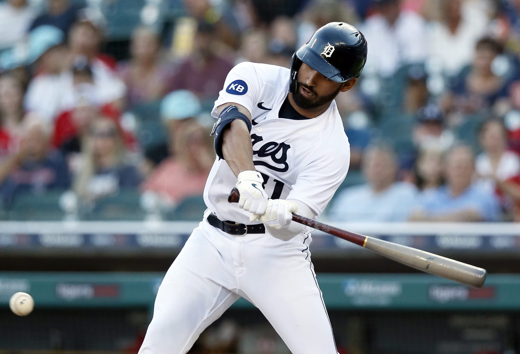 DETROIT, MI -  AUGUST 19:  Riley Greene #31 of the Detroit Tigers hits a ground ball against the Los Angeles Angels for an out during the first inning at Comerica Park on August 19, 2022, in Detroit, Michigan. (Photo by Duane Burleson/Getty Images)
