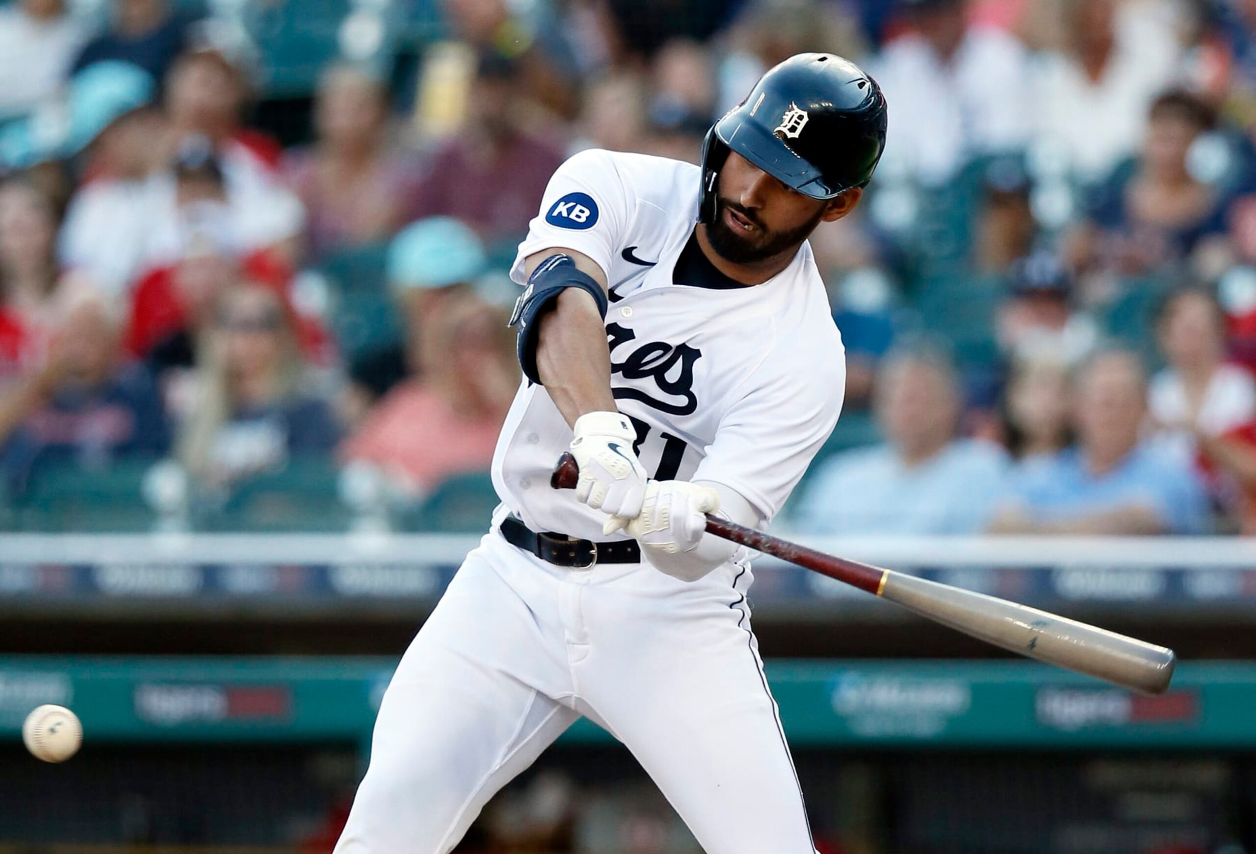 DETROIT, MI -  AUGUST 19:  Riley Greene #31 of the Detroit Tigers hits a ground ball against the Los Angeles Angels for an out during the first inning at Comerica Park on August 19, 2022, in Detroit, Michigan. (Photo by Duane Burleson/Getty Images)
