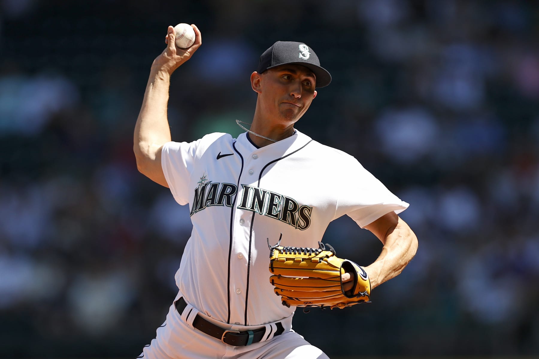 SEATTLE, WASHINGTON - AUGUST 06: George Kirby #68 of the Seattle Mariners pitches during the first inning against the Los Angeles Angels at T-Mobile Park on August 06, 2022 in Seattle, Washington. (Photo by Steph Chambers/Getty Images)