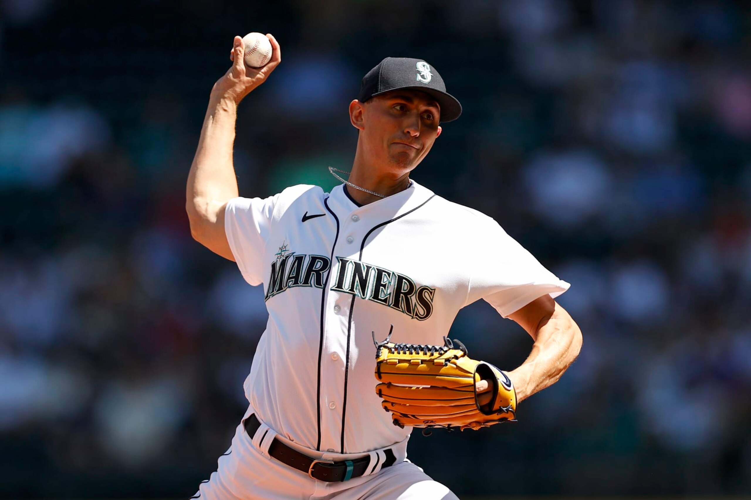 SEATTLE, WASHINGTON - AUGUST 06: George Kirby #68 of the Seattle Mariners pitches during the first inning against the Los Angeles Angels at T-Mobile Park on August 06, 2022 in Seattle, Washington. (Photo by Steph Chambers/Getty Images)