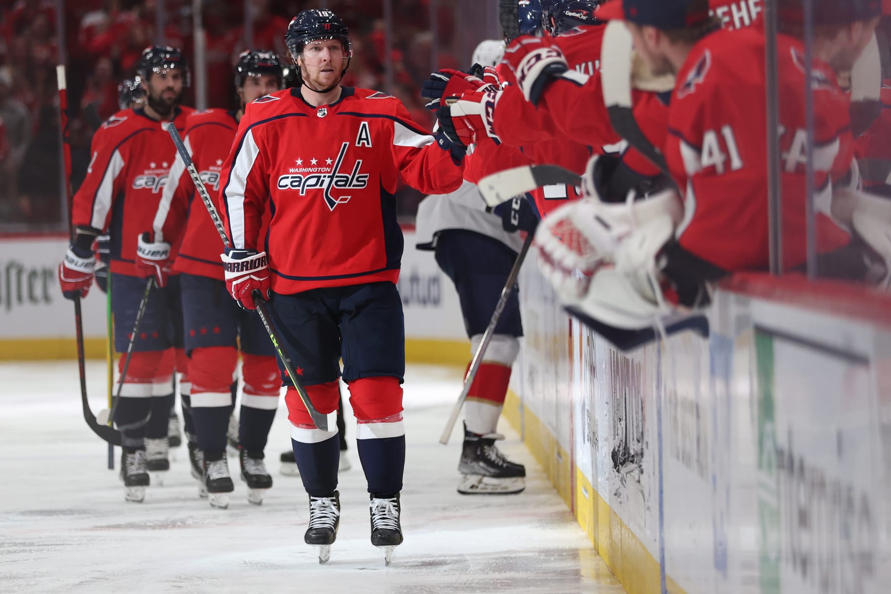 WASHINGTON, DC - MAY 13: Nicklas Backstrom #19 of the Washington Capitals celebrates his goal against the Florida Panthers during the third period in Game Six of the First Round of the 2022 Stanley Cup Playoffs at Capital One Arena on May 13, 2022 in Washington, DC. (Photo by Patrick Smith/Getty Images)