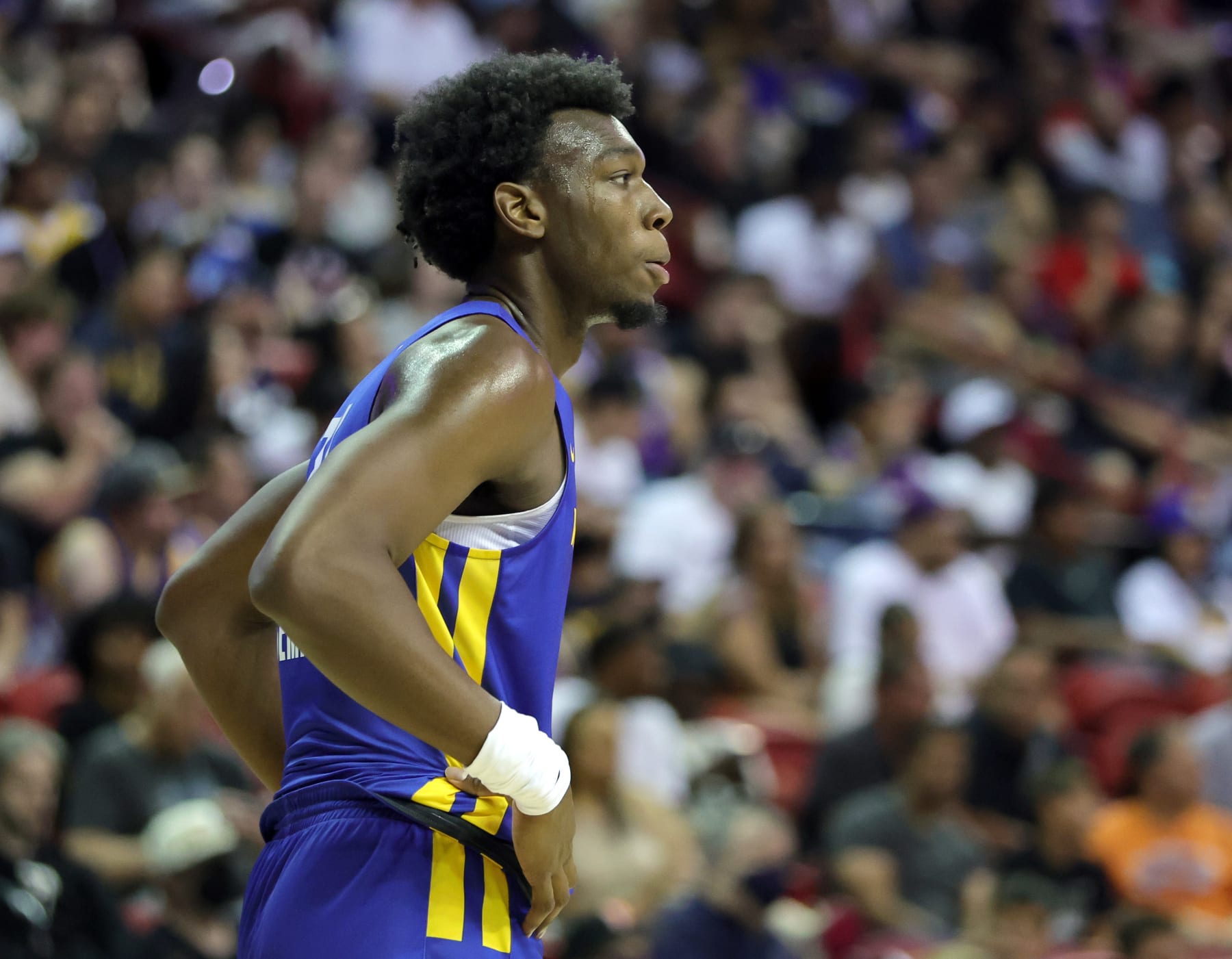 LAS VEGAS, NEVADA - JULY 10: James Wiseman #33 of the Golden State Warriors stands on the court during a break in a game against the San Antonio Spurs during the 2022 NBA Summer League at the Thomas & Mack Center on July 10, 2022 in Las Vegas, Nevada. NOTE TO USER: User expressly acknowledges and agrees that, by downloading and or using this photograph, User is consenting to the terms and conditions of the Getty Images License Agreement. (Photo by Ethan Miller/Getty Images)
