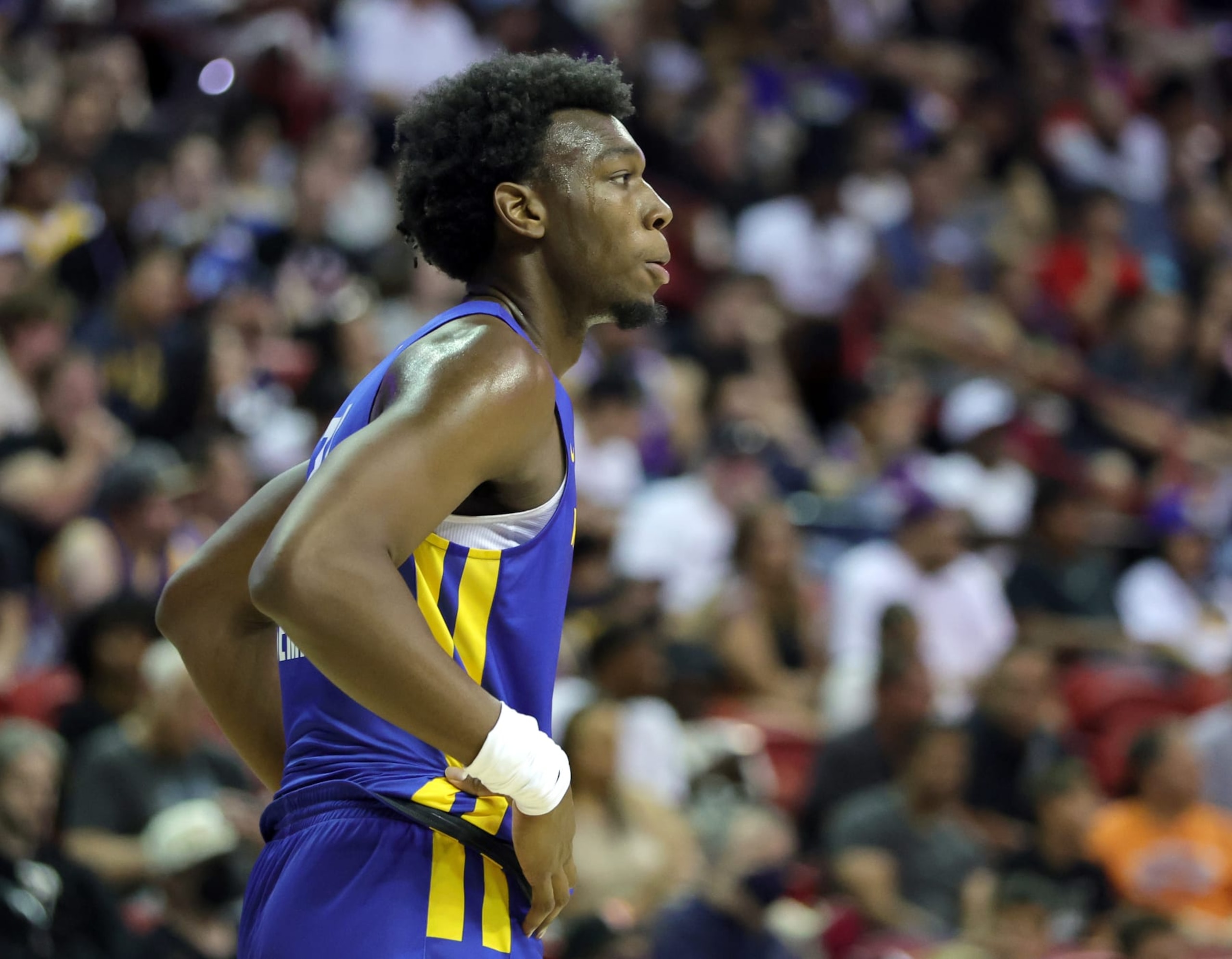 LAS VEGAS, NEVADA - JULY 10: James Wiseman #33 of the Golden State Warriors stands on the court during a break in a game against the San Antonio Spurs during the 2022 NBA Summer League at the Thomas & Mack Center on July 10, 2022 in Las Vegas, Nevada. NOTE TO USER: User expressly acknowledges and agrees that, by downloading and or using this photograph, User is consenting to the terms and conditions of the Getty Images License Agreement. (Photo by Ethan Miller/Getty Images) LAS VEGAS, NEVADA - JULY 10: James Wiseman #33 of the Golden State Warriors stands on the court during a break in a game against the San Antonio Spurs during the 2022 NBA Summer League at the Thomas & Mack Center on July 10, 2022 in Las Vegas, Nevada. NOTE TO USER: User expressly acknowledges and agrees that, by downloading and or using this photograph, User is consenting to the terms and conditions of the Getty Images License Agreement. (Photo by Ethan Miller/Getty Images)