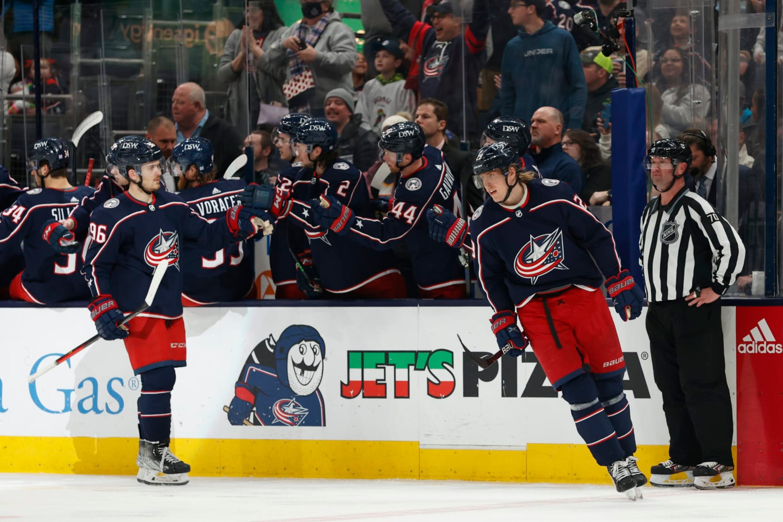 COLUMBUS, OH - MARCH 19: Columbus Blue Jackets left wing Patrik Laine (29) celebrates a second period goal during the game between the Columbus Blue Jackets and the St. Louis Blues on March 19, 2022, at Nationwide Arena in Columbus, Ohio. (Photo by Graham Stokes/Icon Sportswire via Getty Images)