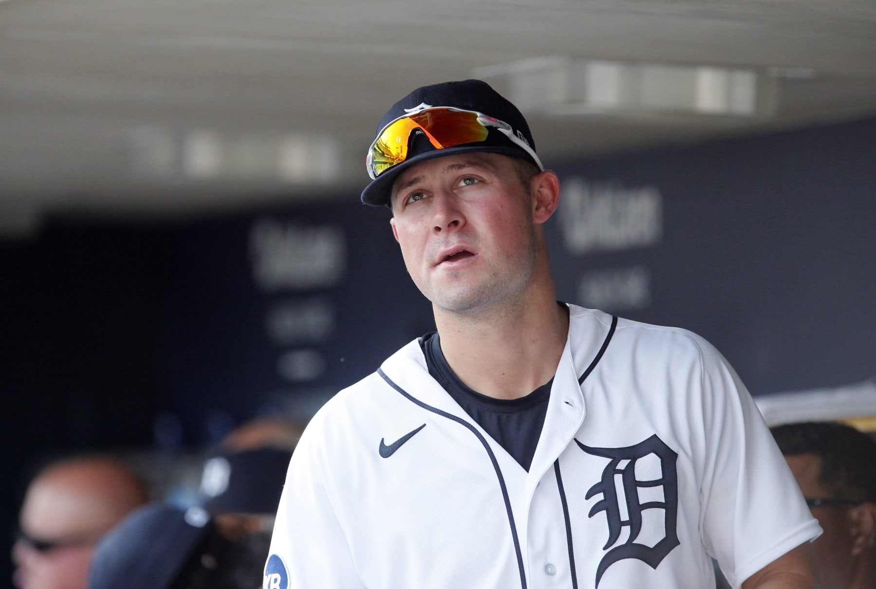DETROIT, MI -  JUNE 11:  Spencer Torkelson #20 of the Detroit Tigers peers from the dugout during a game against the Toronto Blue Jays at Comerica Park on June 11, 2022, in Detroit, Michigan. (Photo by Duane Burleson/Getty Images)