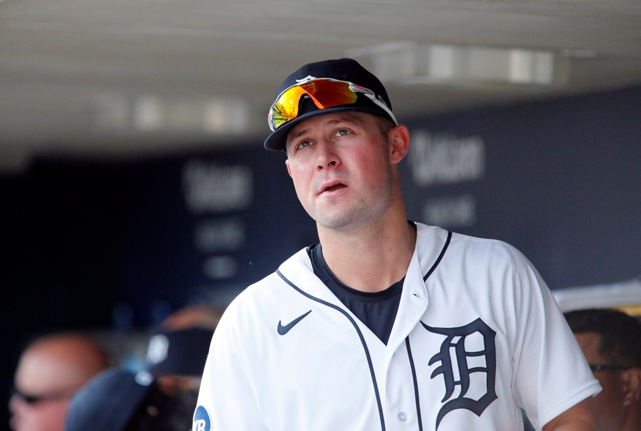 DETROIT, MI -  JUNE 11:  Spencer Torkelson #20 of the Detroit Tigers peers from the dugout during a game against the Toronto Blue Jays at Comerica Park on June 11, 2022, in Detroit, Michigan. (Photo by Duane Burleson/Getty Images)