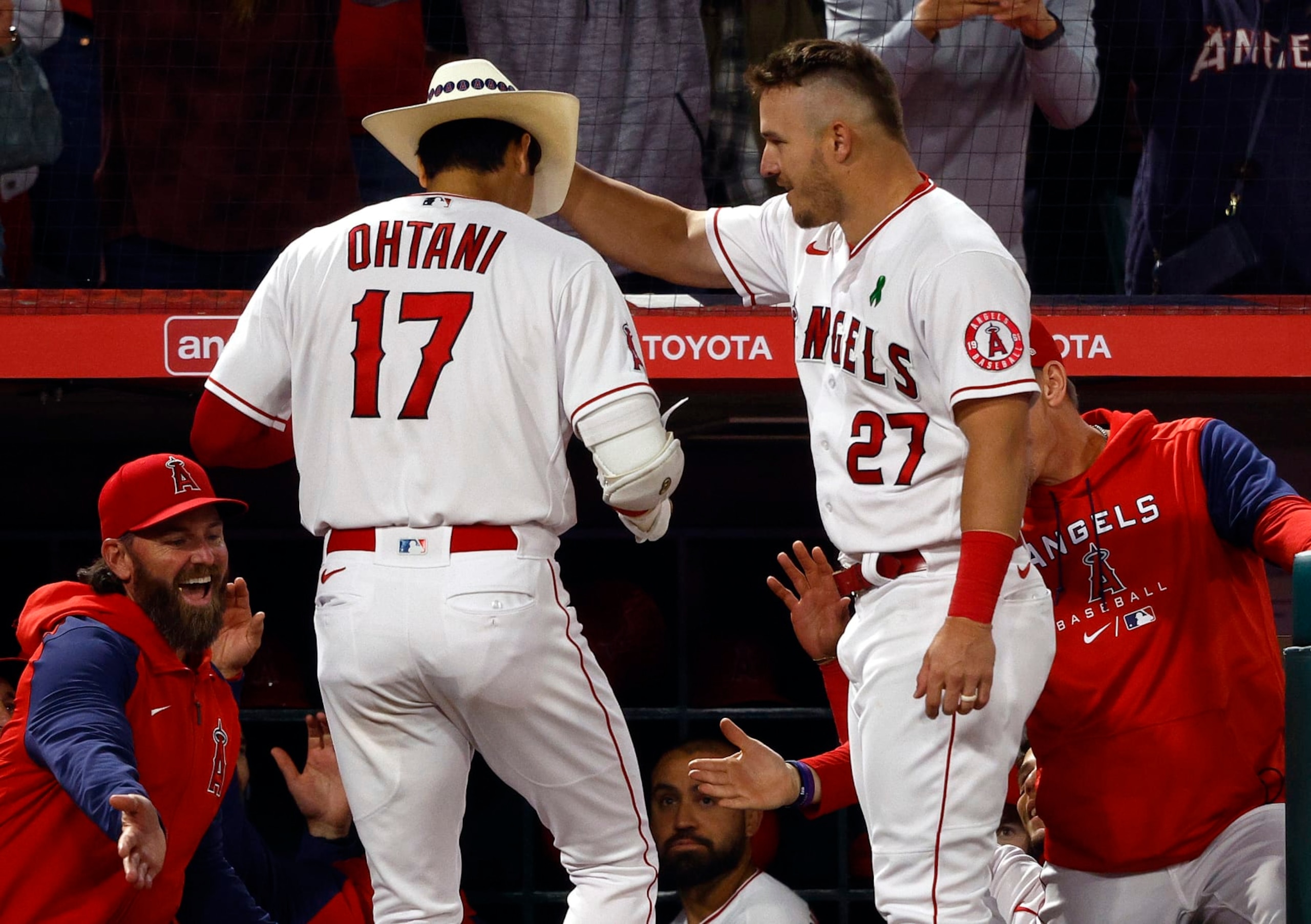 ANAHEIM, CALIFORNIA - MAY 09:  Shohei Ohtani #17 and Mike Trout #27 of the Los Angeles Angels celebrate a home run against the Tampa Bay Rays in the sixth inning at Angel Stadium of Anaheim on May 09, 2022 in Anaheim, California. (Photo by Ronald Martinez/Getty Images)