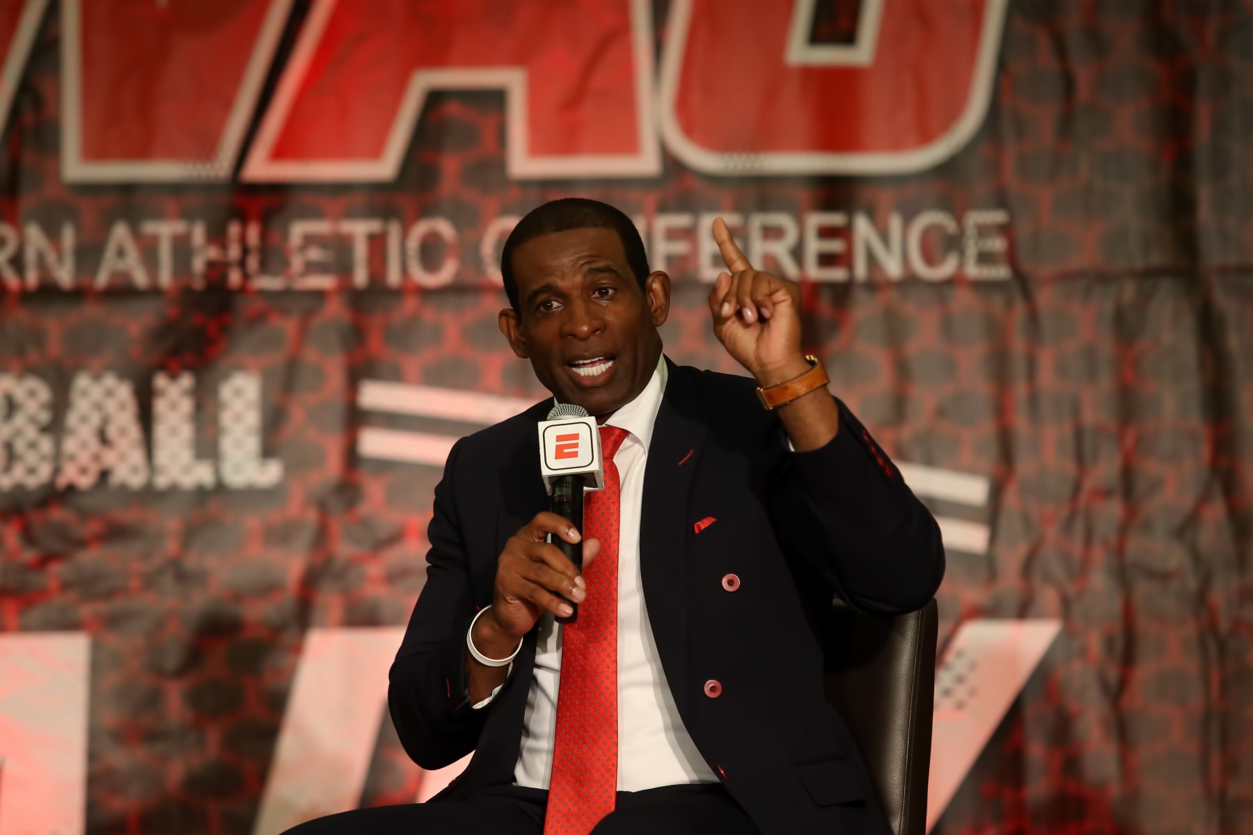 BIRMINGHAM, AL - JULY 21: Jackson State Tigers head coach Deion Sanders during the 2022 SWAC Football Media Day on July 21, 2022 at the Birmingham Sheraton Hotel in Birmingham, Alabama.  (Photo by Michael Wade/Icon Sportswire via Getty Images)