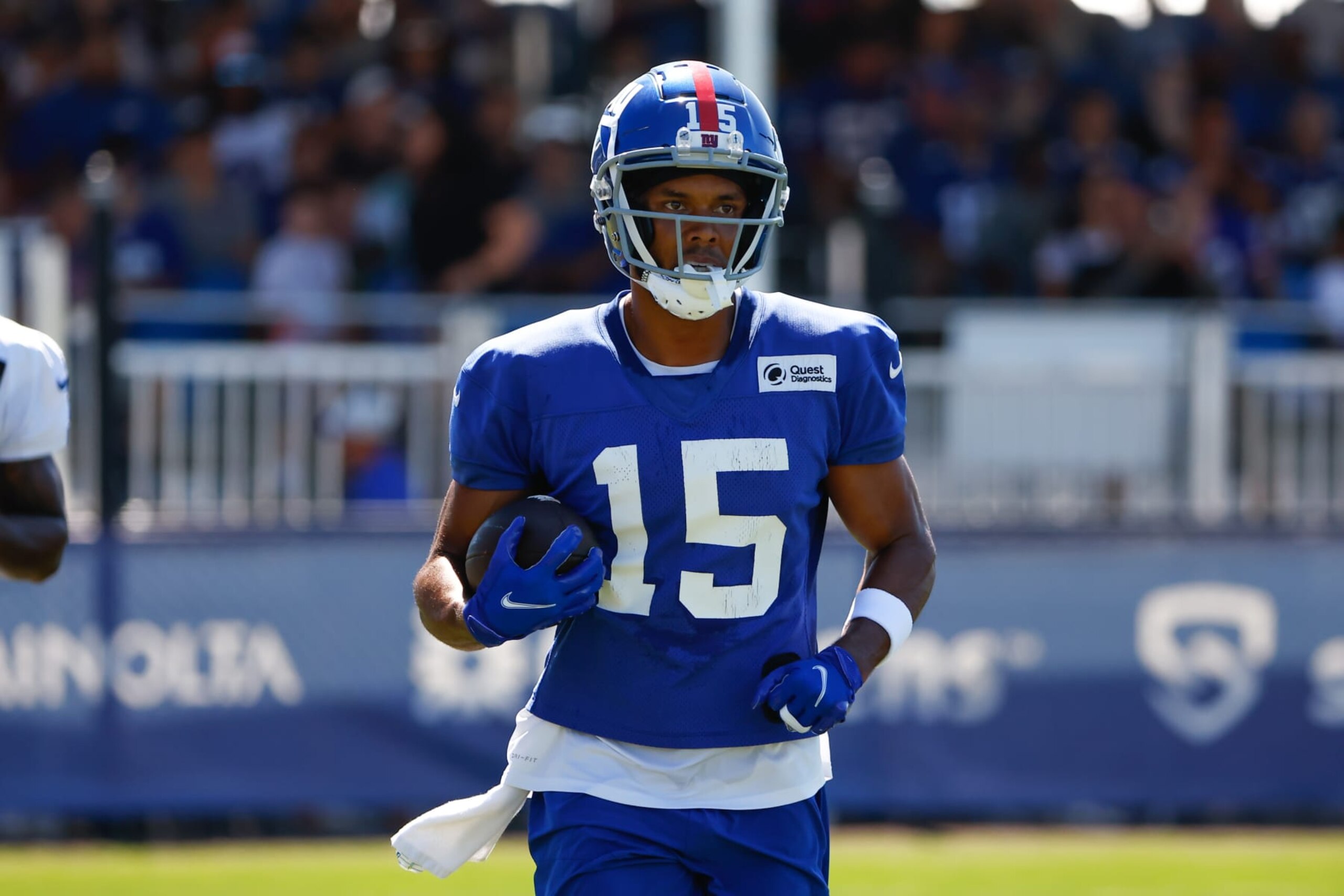 EAST RUTHERFORD, NJ - JULY 30: Collin Johnson (15) New York Giants wide receiver during training camp on July 30, 2022 at Quest Diagnostics Training Center in East Rutherford, New Jersey. (Photo by Rich Graessle/Icon Sportswire via Getty Images) EAST RUTHERFORD, NJ - JULY 30: Collin Johnson (15) New York Giants wide receiver during training camp on July 30, 2022 at Quest Diagnostics Training Center in East Rutherford, New Jersey. (Photo by Rich Graessle/Icon Sportswire via Getty Images)
