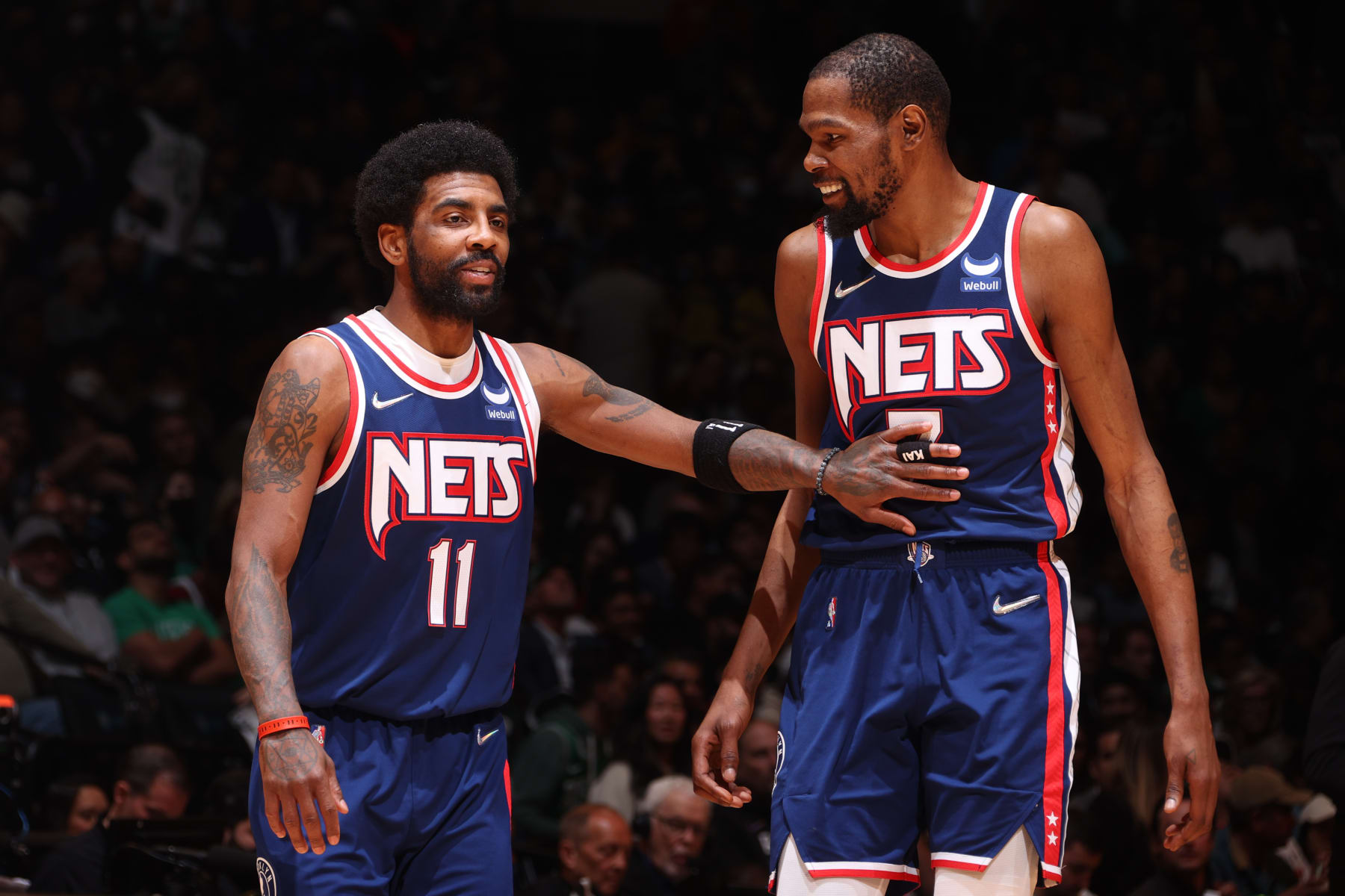 BROOKLYN, NY - APRIL 25: Kyrie Irving #11 talks to Kevin Durant #7 of the Brooklyn Nets during Round 1 Game 4 of the 2022 NBA Playoffs on April 25, 2022 at Barclays Center in Brooklyn, New York. NOTE TO USER: User expressly acknowledges and agrees that, by downloading and or using this Photograph, user is consenting to the terms and conditions of the Getty Images License Agreement. Mandatory Copyright Notice: Copyright 2022 NBAE (Photo by Nathaniel S. Butler/NBAE via Getty Images) BROOKLYN, NY - APRIL 25: Kyrie Irving #11 talks to Kevin Durant #7 of the Brooklyn Nets during Round 1 Game 4 of the 2022 NBA Playoffs on April 25, 2022 at Barclays Center in Brooklyn, New York. NOTE TO USER: User expressly acknowledges and agrees that, by downloading and or using this Photograph, user is consenting to the terms and conditions of the Getty Images License Agreement. Mandatory Copyright Notice: Copyright 2022 NBAE (Photo by Nathaniel S. Butler/NBAE via Getty Images)
