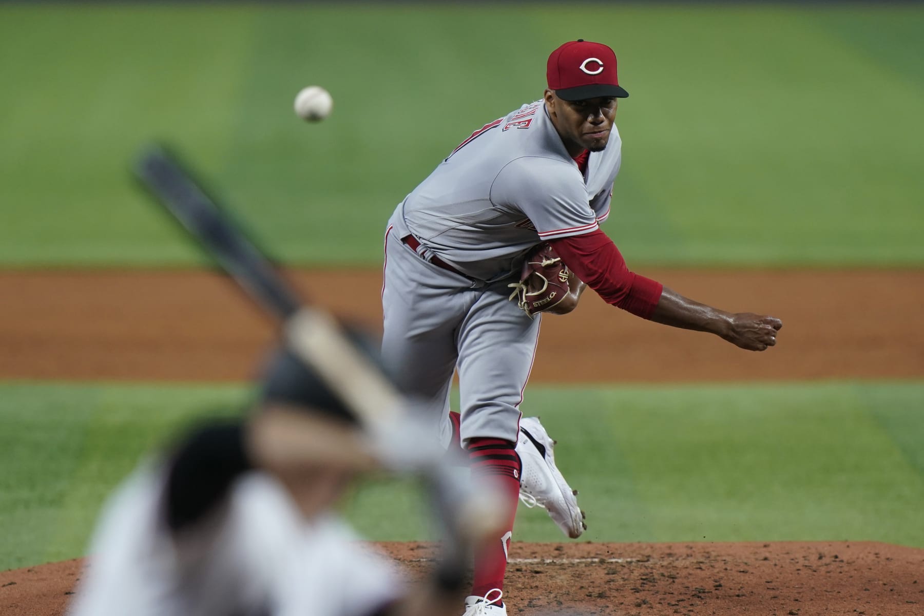 Cincinnati Reds' Hunter Greene pitches to Miami Marlins' Jacob Stallings during the third inning of a baseball game, Monday, Aug. 1, 2022, in Miami. (AP Photo/Wilfredo Lee)