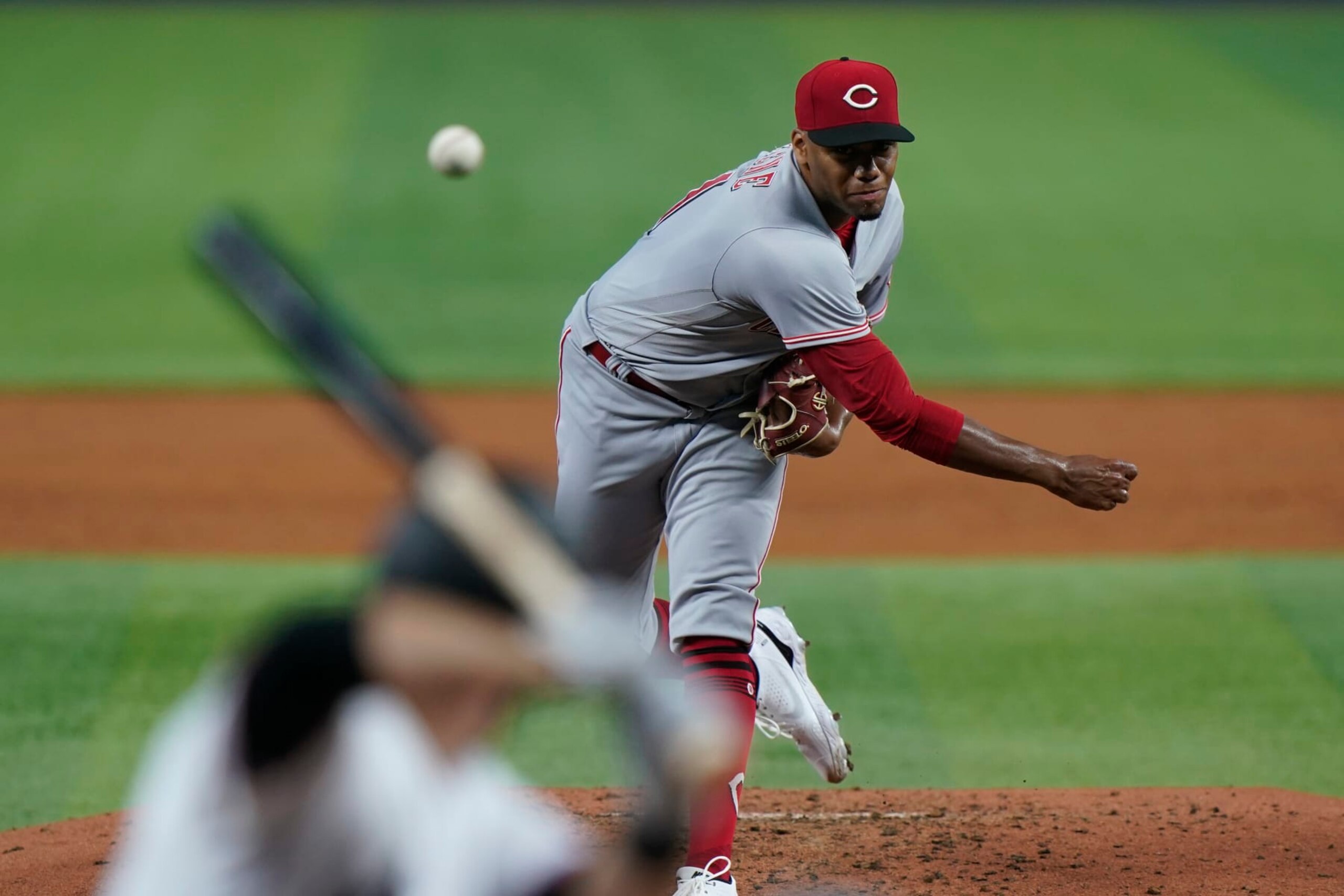 Cincinnati Reds' Hunter Greene pitches to Miami Marlins' Jacob Stallings during the third inning of a baseball game, Monday, Aug. 1, 2022, in Miami. (AP Photo/Wilfredo Lee)