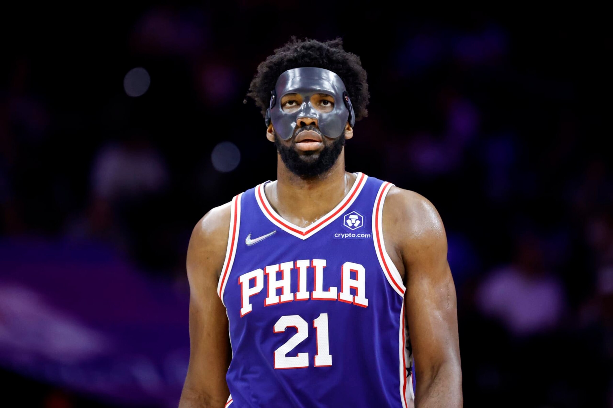 PHILADELPHIA, PENNSYLVANIA - MAY 12: Joel Embiid #21 of the Philadelphia 76ers looks on during the second half against the Miami Heat in Game Six of the 2022 NBA Playoffs Eastern Conference Semifinals at Wells Fargo Center on May 12, 2022 in Philadelphia, Pennsylvania. NOTE TO USER: User expressly acknowledges and agrees that, by downloading and/or using this photograph, User is consenting to the terms and conditions of the Getty Images License Agreement. (Photo by Tim Nwachukwu/Getty Images)