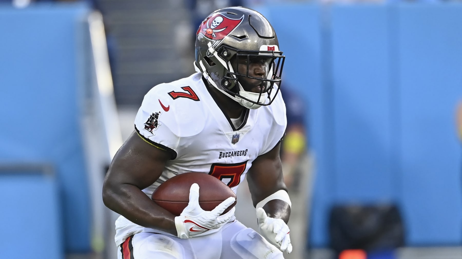 Tampa Bay Buccaneers running back Leonard Fournette plays against the Tennessee Titans in an NFL football game Saturday, Aug. 20, 2022, in Nashville, Tenn. (AP Photo/Mark Zaleski)