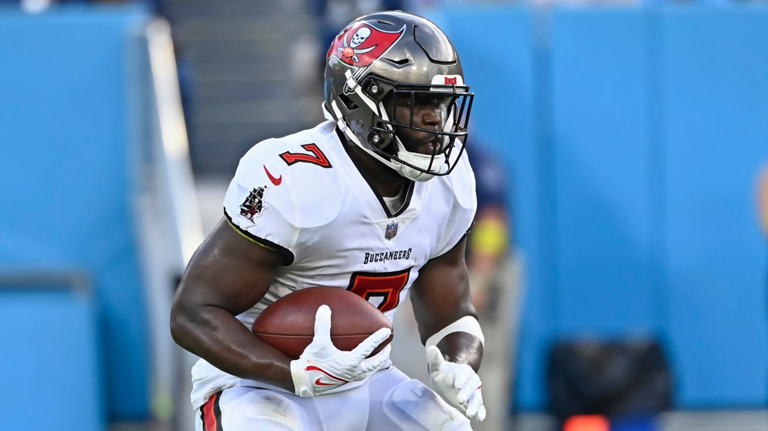 Tampa Bay Buccaneers running back Leonard Fournette plays against the Tennessee Titans in an NFL football game Saturday, Aug. 20, 2022, in Nashville, Tenn. (AP Photo/Mark Zaleski)