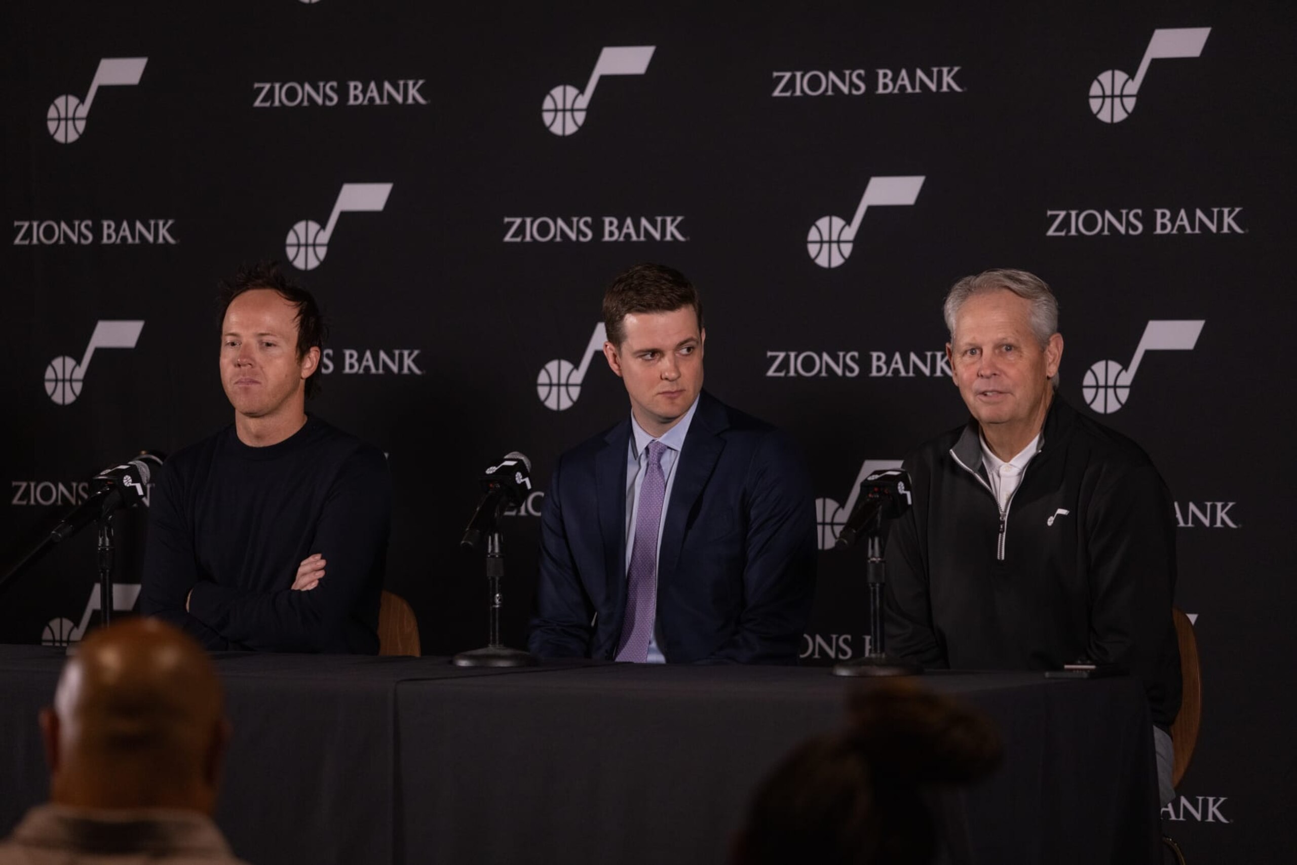 SALT LAKE CITY, UT - JULY 05:  Ryan Smith Owner, Will Hardy Head Coach and Danny Ainge CEO of Basketball Operations of the Utah Jazz speak during a press conference about Will Hardy as the new Head Coach at vivint.SmartHome Arena on July 05, 2022 in Salt Lake City, Utah. NOTE TO USER: User expressly acknowledges and agrees that, by downloading and or using this Photograph, User is consenting to the terms and conditions of the Getty Images License Agreement. Mandatory Copyright Notice: Copyright 2022 NBAE (Photo by Melissa Majchrzak/NBAE via Getty Images)