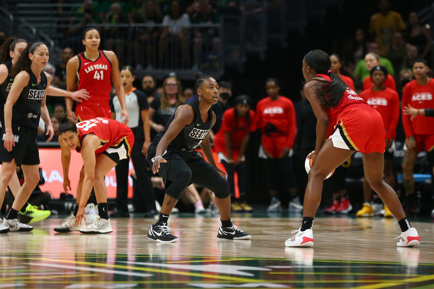 SEATTLE, WA - AUGUST 7: Jewell Loyd #24 of the Seattle Storm plays defense during the game against the Las Vegas Aces on August 7, 2022 at the Climate Pledge Arena in Seattle, Washington. NOTE TO USER: User expressly acknowledges and agrees that, by downloading and or using this photograph, User is consenting to the terms and conditions of the Getty Images License Agreement. Mandatory Copyright Notice: Copyright 2022 NBAE (Photo by Lindsey Wasson/NBAE via Getty Images)