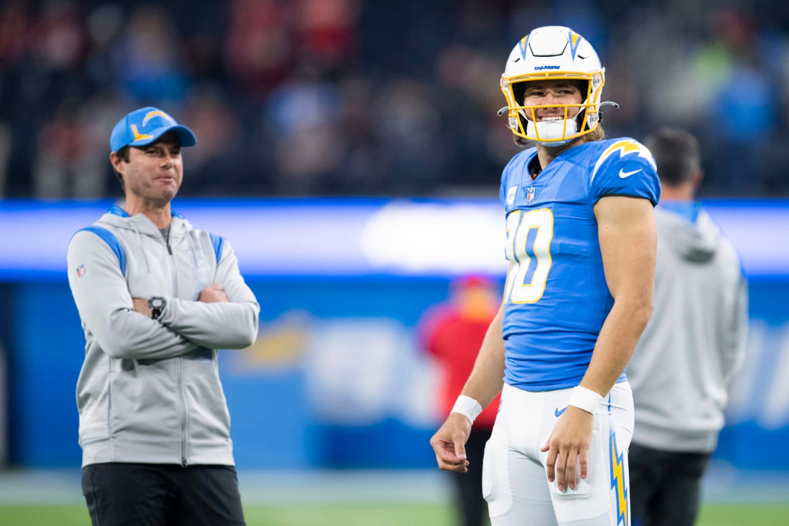 Los Angeles Chargers quarterback Justin Herbert (10) talks to head coach Brandon Staley before an NFL football game against the Kansas City Chiefs Thursday, Dec. 16, 2021, in Inglewood, Calif. (AP Photo/Kyusung Gong) Los Angeles Chargers quarterback Justin Herbert (10) talks to head coach Brandon Staley before an NFL football game against the Kansas City Chiefs Thursday, Dec. 16, 2021, in Inglewood, Calif. (AP Photo/Kyusung Gong)