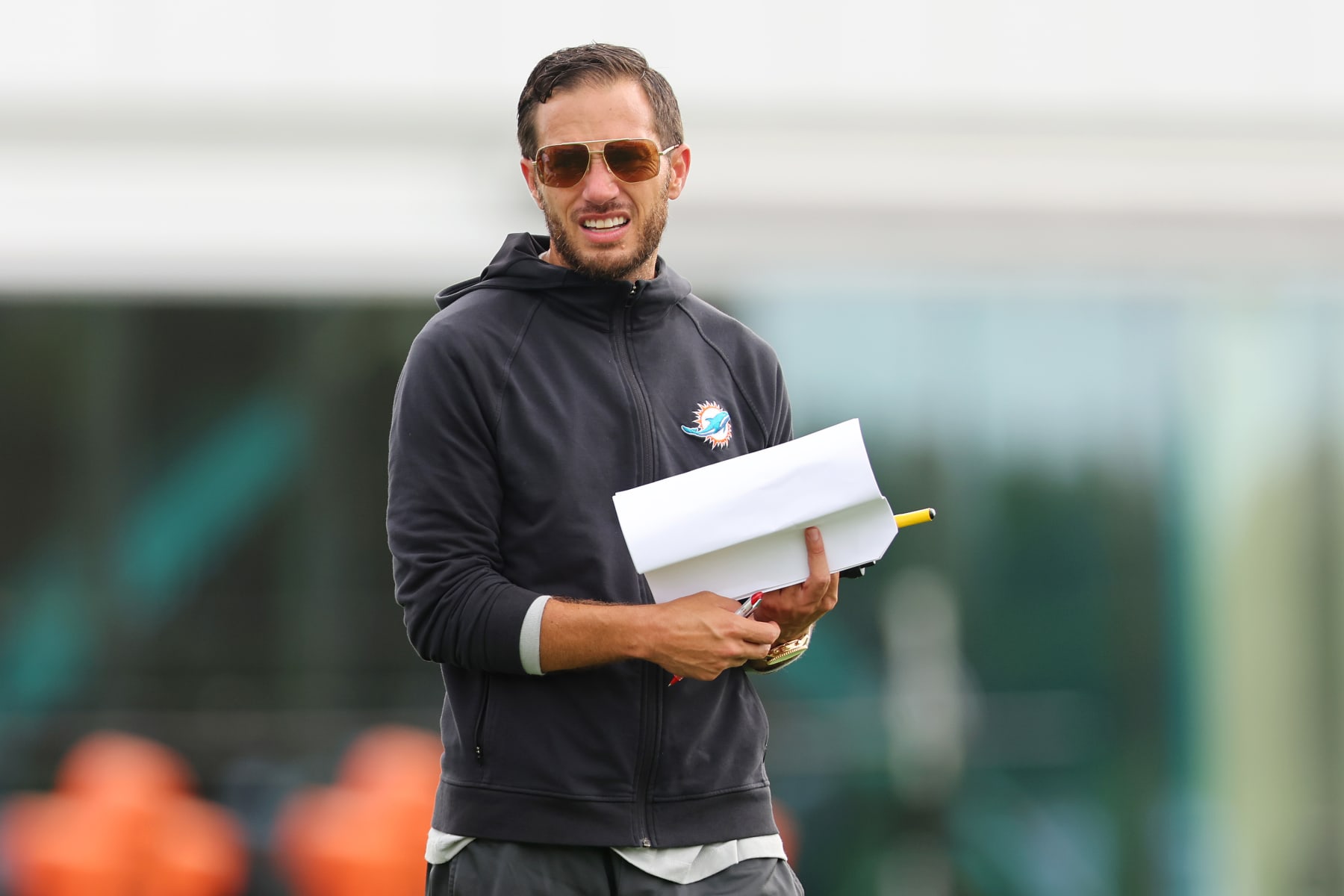 MIAMI GARDENS, FLORIDA - JULY 27: Head coach Mike McDaniel of the Miami Dolphins looks on during training camp at Baptist Health Training Complex on July 27, 2022 in Miami Gardens, Florida. (Photo by Michael Reaves/Getty Images)