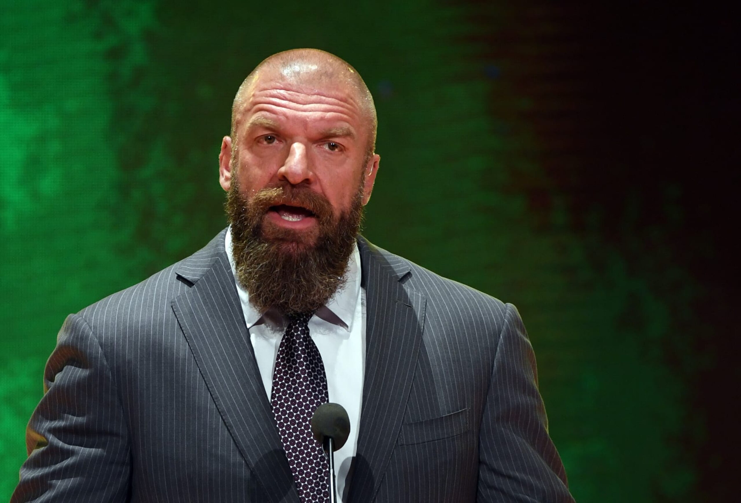 LAS VEGAS, NEVADA - OCTOBER 11: WWE Executive Vice President of Talent, Live Events and Creative Paul "Triple H" Levesque speaks at a WWE news conference at T-Mobile Arena on October 11, 2019 in Las Vegas, Nevada. It was announced that WWE wrestler Braun Strowman will face heavyweight boxer Tyson Fury and WWE champion Brock Lesnar will take on former UFC heavyweight champion Cain Velasquez at the WWE's Crown Jewel event at Fahd International Stadium in Riyadh, Saudi Arabia on October 31. (Photo by Ethan Miller/Getty Images) LAS VEGAS, NEVADA - OCTOBER 11: WWE Executive Vice President of Talent, Live Events and Creative Paul "Triple H" Levesque speaks at a WWE news conference at T-Mobile Arena on October 11, 2019 in Las Vegas, Nevada. It was announced that WWE wrestler Braun Strowman will face heavyweight boxer Tyson Fury and WWE champion Brock Lesnar will take on former UFC heavyweight champion Cain Velasquez at the WWE's Crown Jewel event at Fahd International Stadium in Riyadh, Saudi Arabia on October 31. (Photo by Ethan Miller/Getty Images)