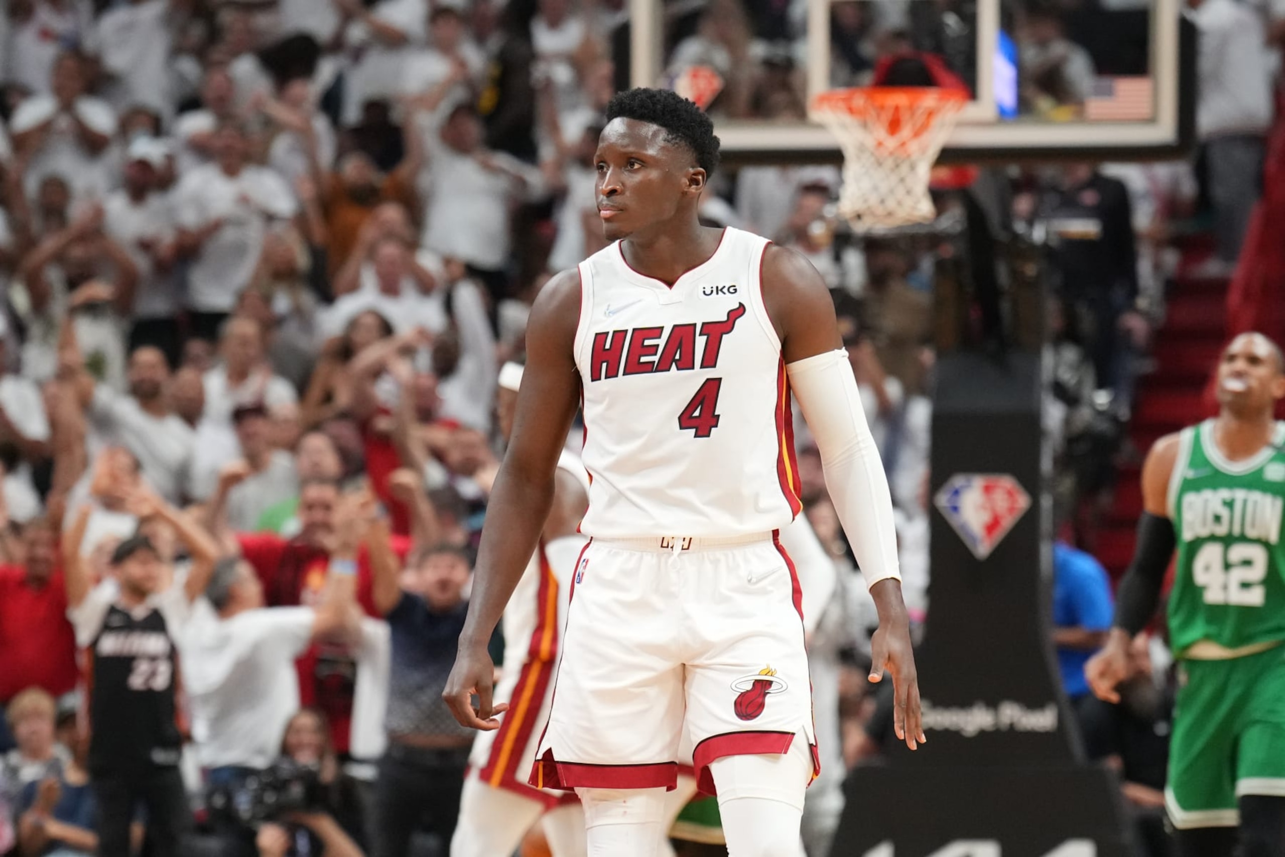 MIAMI, FL - MAY 29: Victor Oladipo #4 of the Miami Heat looks on during Game 7 of the 2022 NBA Playoffs Eastern Conference Finals on May 29, 2022 at FTX Arena in Miami, Florida. NOTE TO USER: User expressly acknowledges and agrees that, by downloading and or using this Photograph, user is consenting to the terms and conditions of the Getty Images License Agreement. Mandatory Copyright Notice: Copyright 2022 NBAE (Photo by Jesse D. Garrabrant/NBAE via Getty Images)