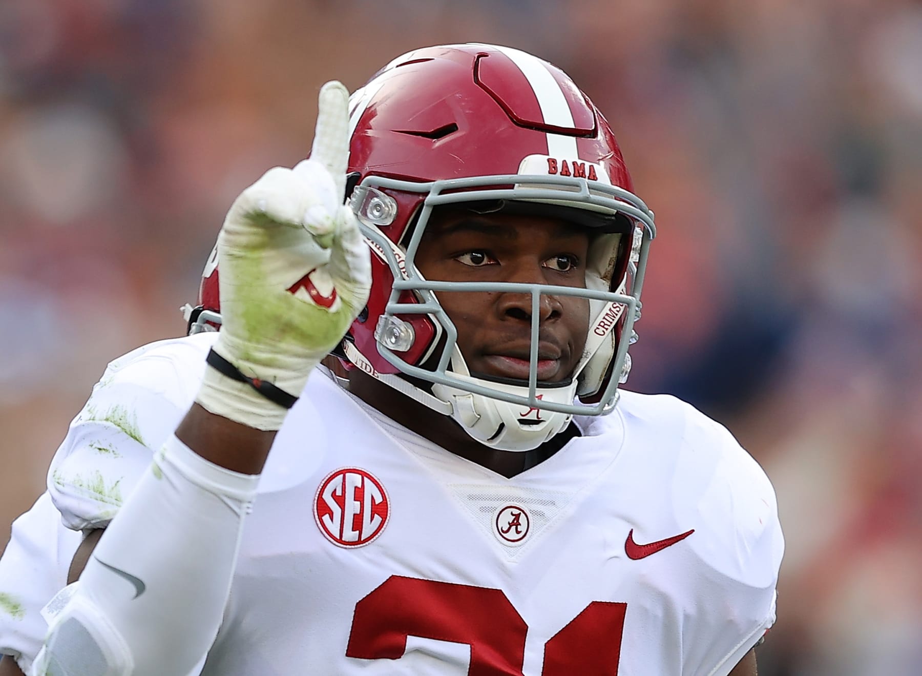 AUBURN, ALABAMA - NOVEMBER 27:  Will Anderson Jr. #31 of the Alabama Crimson Tide reacts after sacking TJ Finley #1 of the Auburn Tigers during the first half at Jordan-Hare Stadium on November 27, 2021 in Auburn, Alabama. (Photo by Kevin C. Cox/Getty Images)