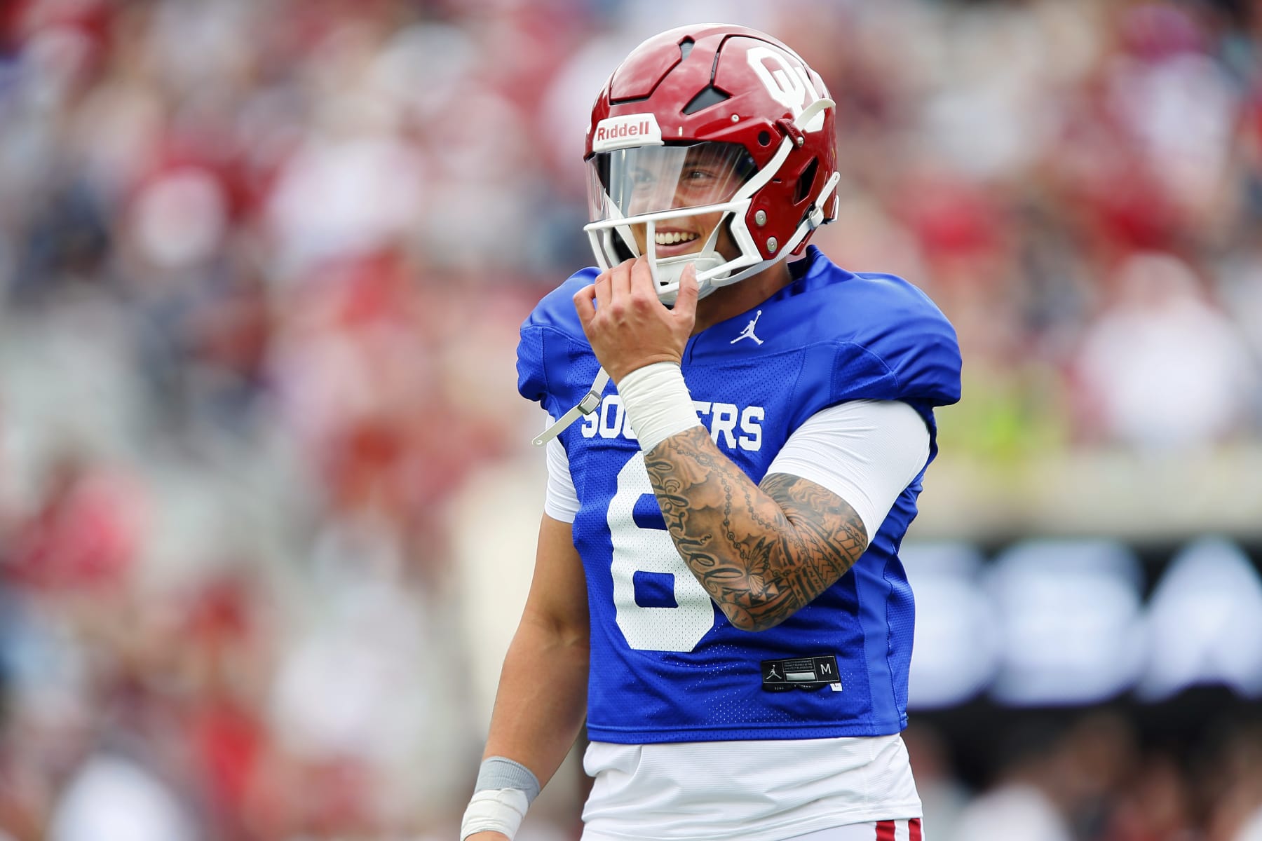 NORMAN, OK - APRIL 23:  Quarterback Dillon Gabriel #8 of the Oklahoma Sooners smiles before the team's spring game at Gaylord Family Oklahoma Memorial Stadium on April 23, 2022 in Norman, Oklahoma.   (Photo by Brian Bahr/Getty Images)