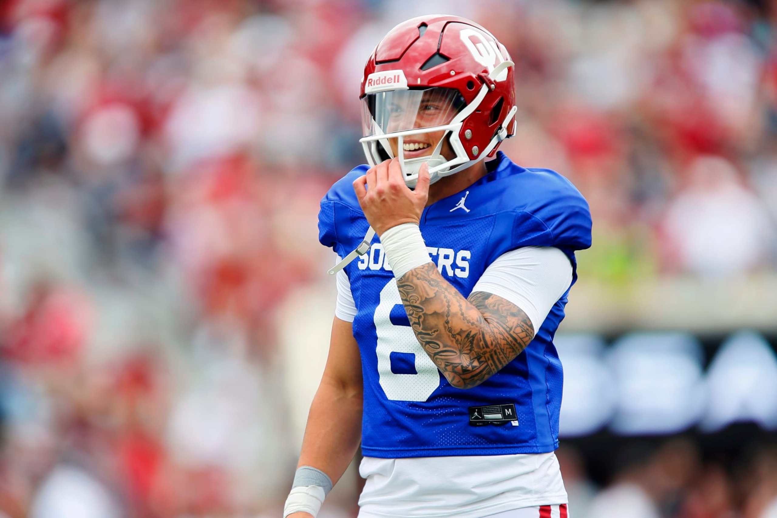NORMAN, OK - APRIL 23:  Quarterback Dillon Gabriel #8 of the Oklahoma Sooners smiles before the team's spring game at Gaylord Family Oklahoma Memorial Stadium on April 23, 2022 in Norman, Oklahoma.   (Photo by Brian Bahr/Getty Images)